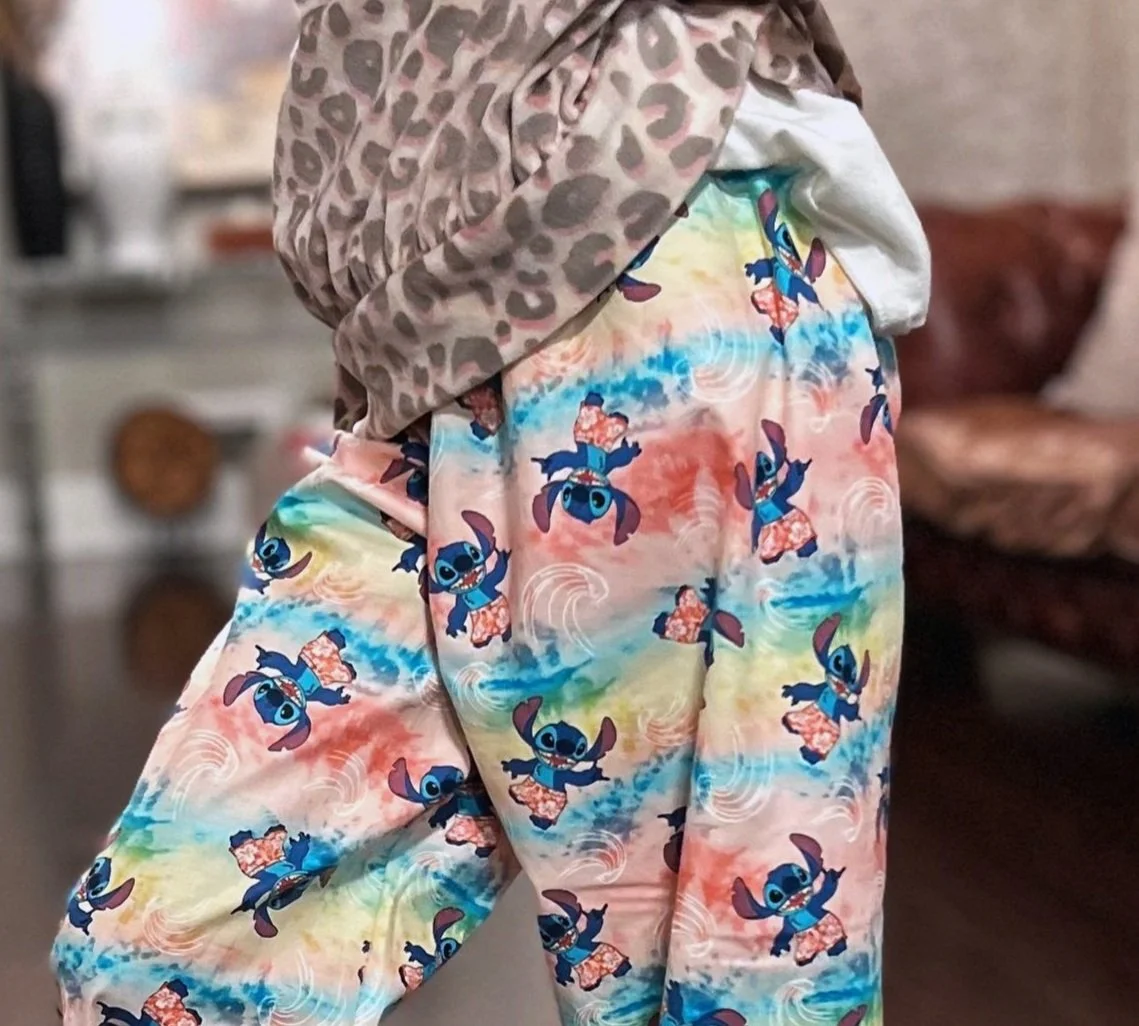 lilo and stitch pj pants in colorful pattern