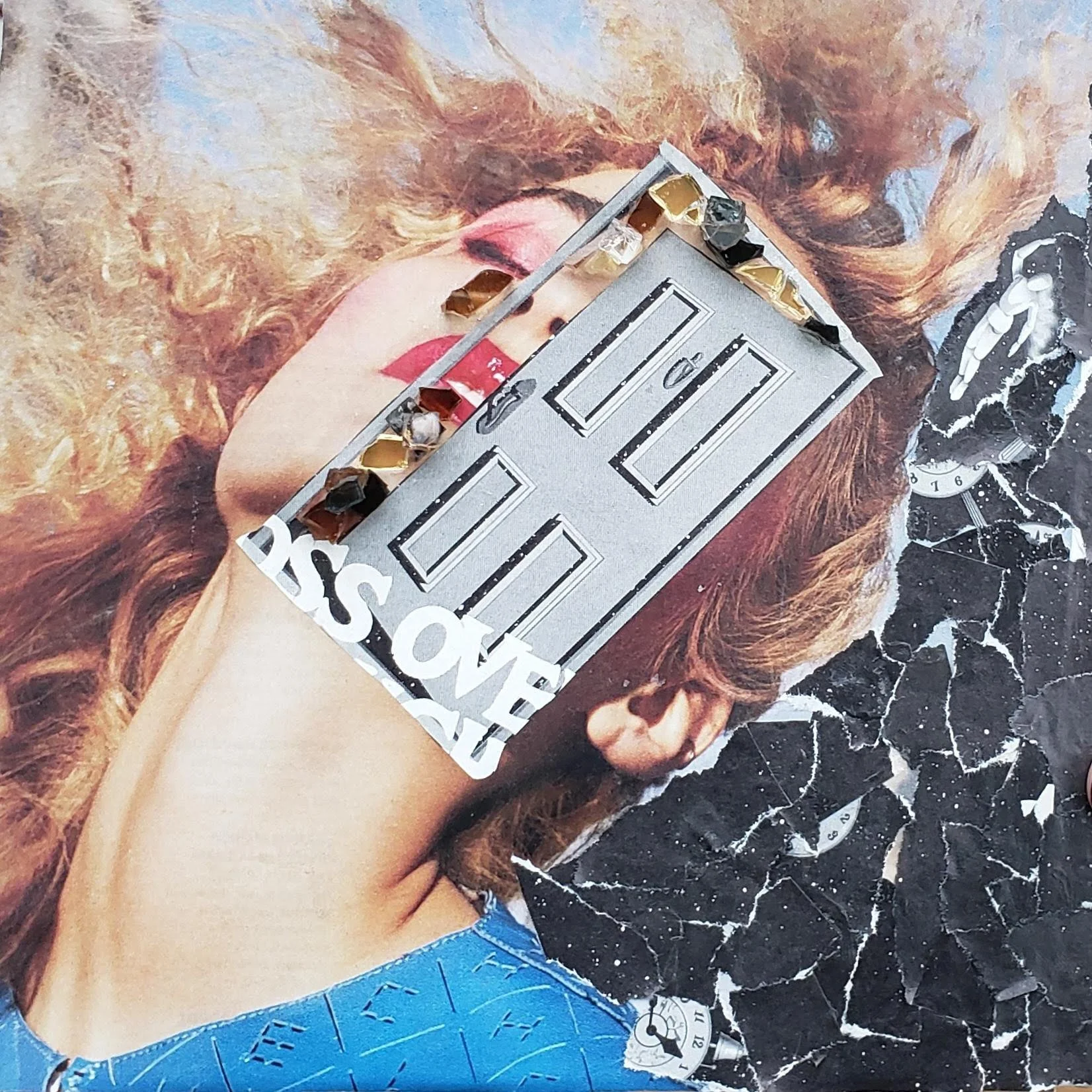 modern collage of blonde woman with curly hair with an open door on her face and black broken marble behind her