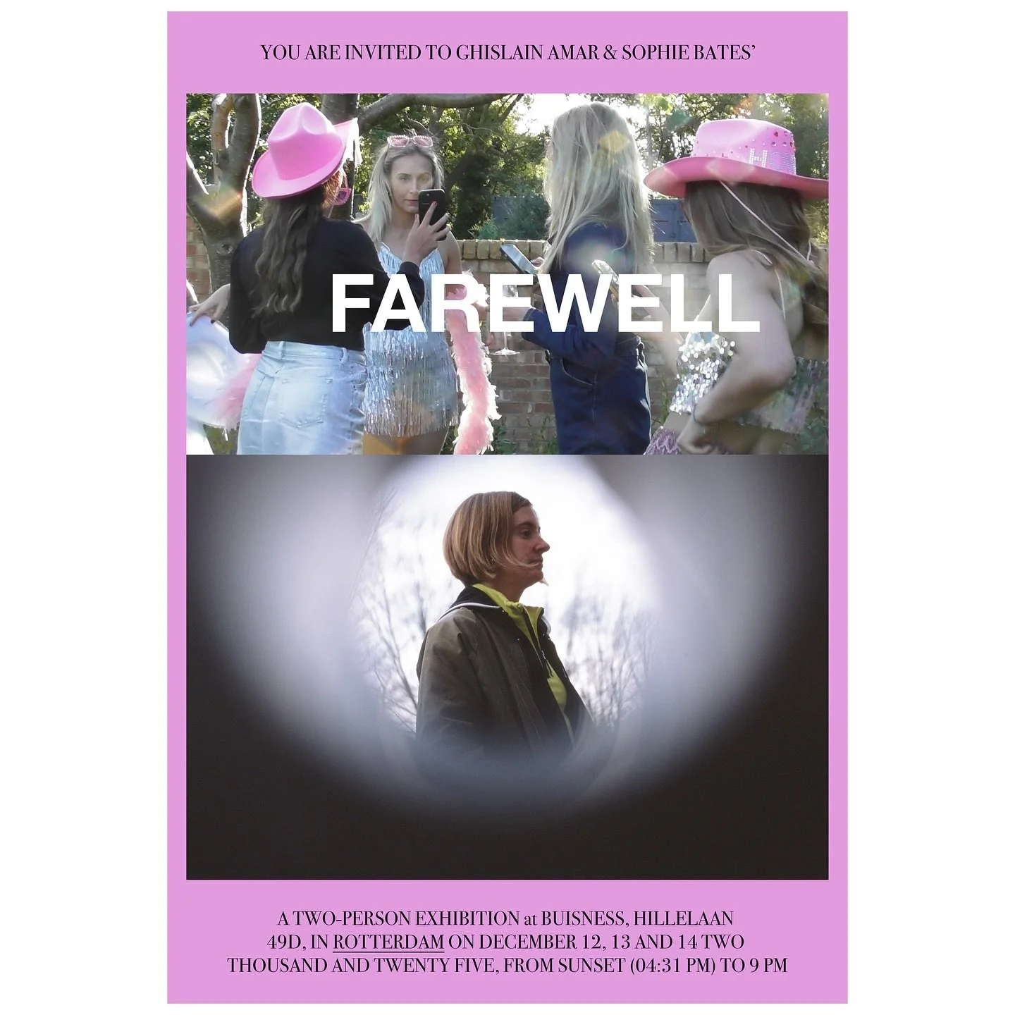 Please join us for the opening of Ghislain Amar &amp; Sophie Bates&rsquo; exhibition FAREWELL on December 12 2025 from Sunset until 09:00PM

Ghislain and Sophie will be showing new works in a collaborative exhibition composed by a 35mm slideshow and 