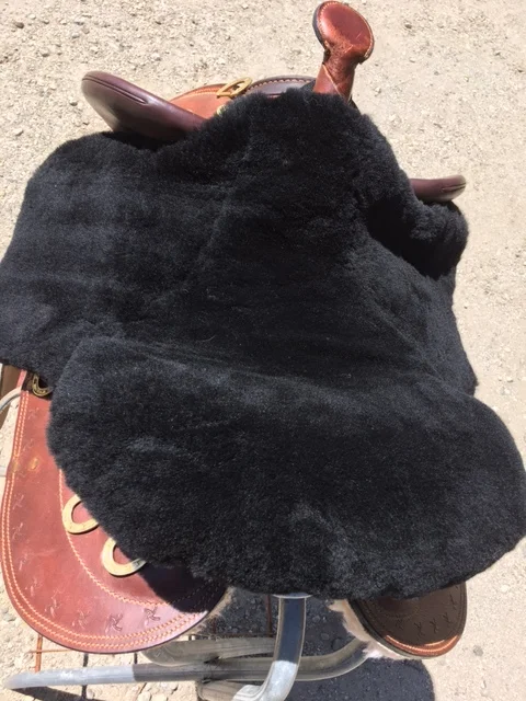 Merino sheepskin seat saver cut for an Aussie saddle. The seat saver secures to the saddle with elastic loops that slide in under the jockey flaps. Another long Velcro-closing strap pulls up from front to back in the under gullet of the saddle. Comes standard in black or off white, but for $50 custom fee it can be made from any color .