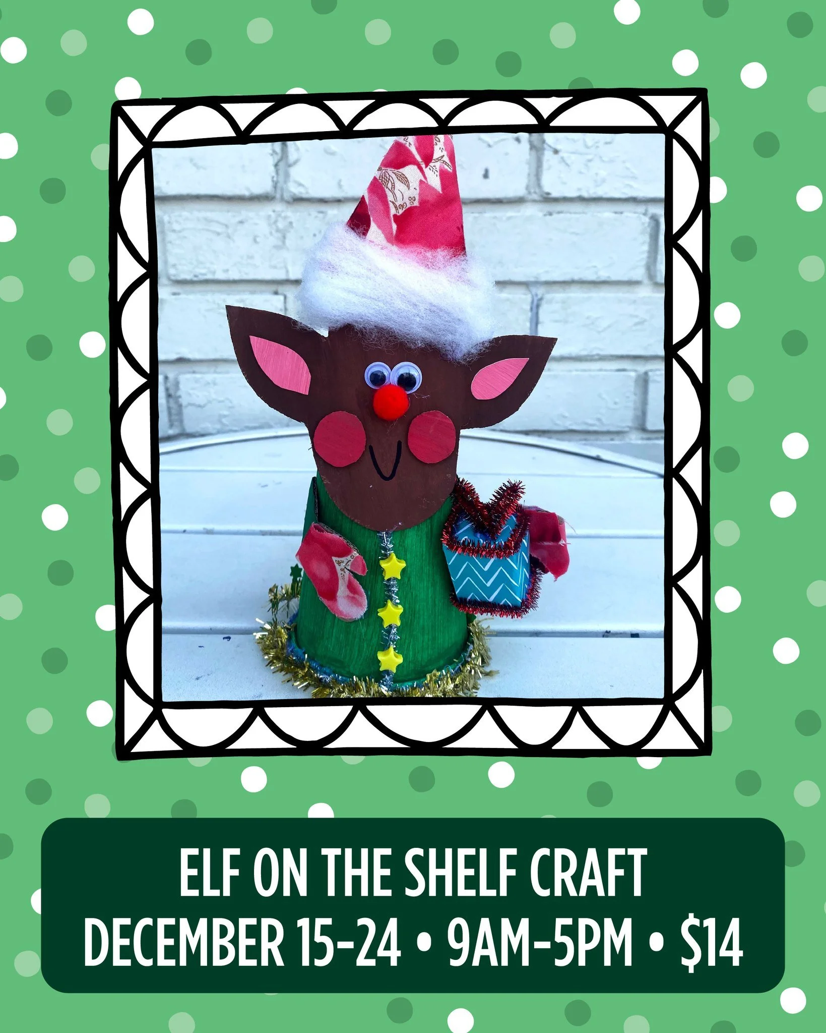 Join us for the Elf on the Shelf craft December 15-24! 

Our art space is open daily from 9 a.m.&ndash;5 p.m., no reservation needed. Just drop in, grab a coffee ☕, and get crafty with your kid! All projects are $14 and available during art space hou