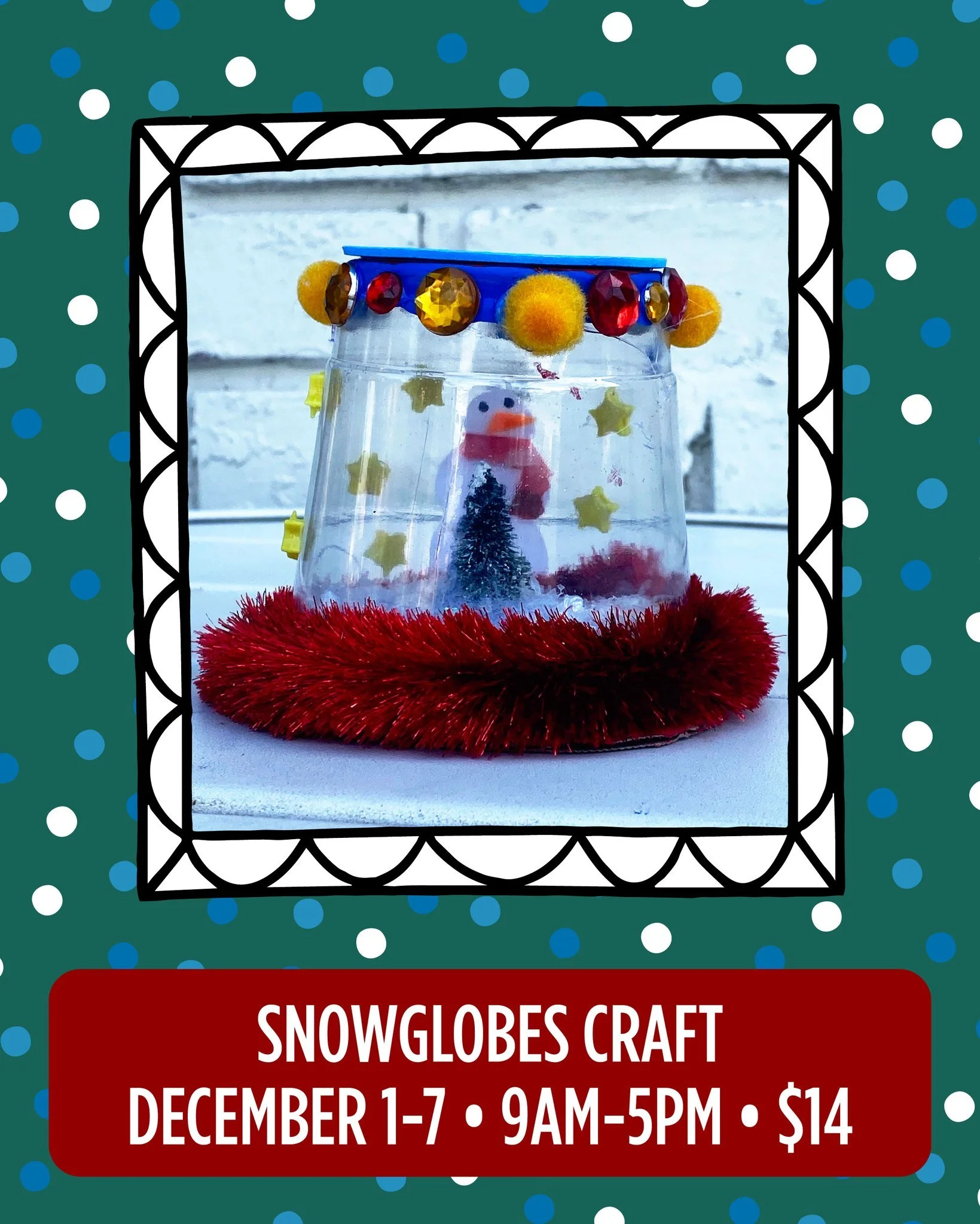 Join us for the Snowglobes craft December 1-7! 

Our art space is open daily from 9 a.m.&ndash;5 p.m., no reservation needed. Just drop in, grab a coffee ☕, and get crafty with your kid! All projects are $14 and available during art space hours.
#Hen