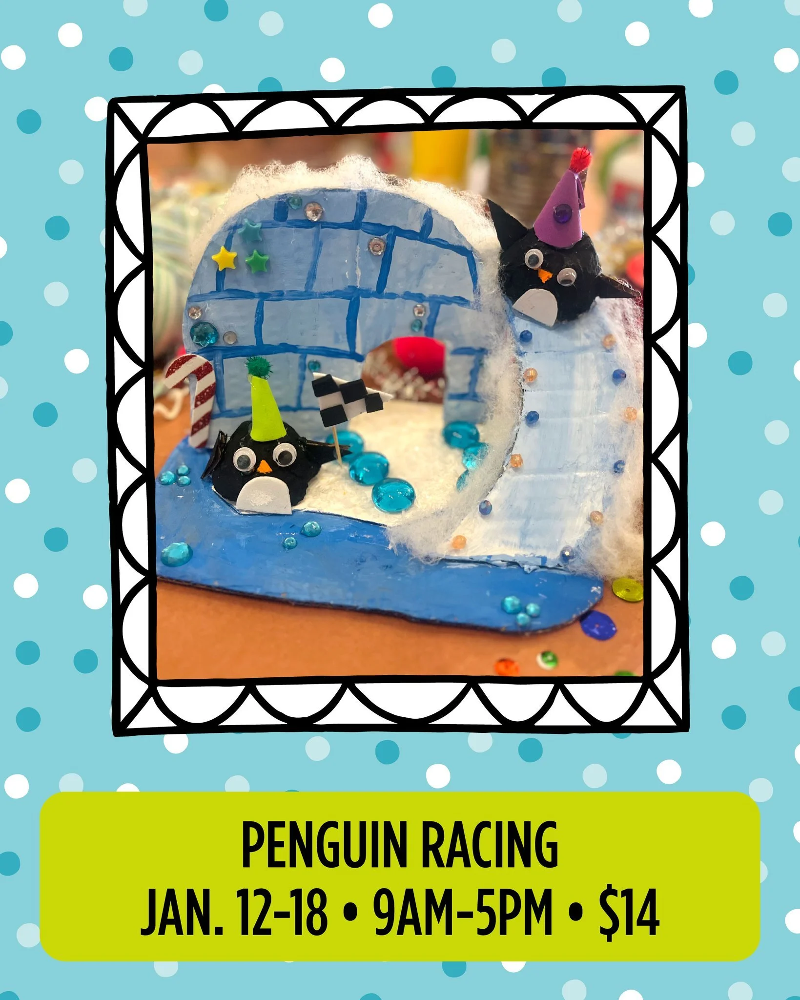 Join us for the Penguin Racing craft through January 18! 
Our art space is open daily from 9 a.m.&ndash;5 p.m., no reservation needed. Just drop in, grab a coffee ☕, and get crafty! All projects are $14 and available during art space hours. @southern