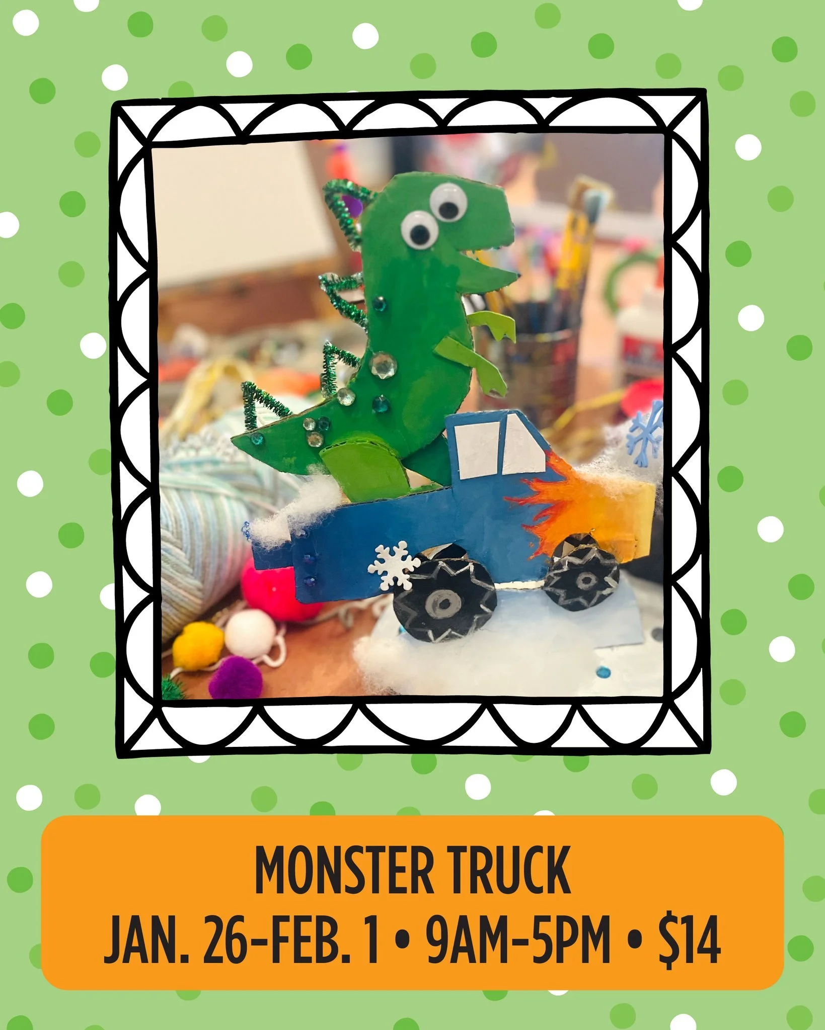 🚚🎨 Monster Truck Craft is rolling in!
Jan. 26&ndash;Feb. 1

Our art space is open daily from 9 a.m.&ndash;5 p.m.&mdash;no reservation needed. All projects are $14 and available during art space hours.

#HennyPennyCafe #KidsCrafts #SavannahWithKids 