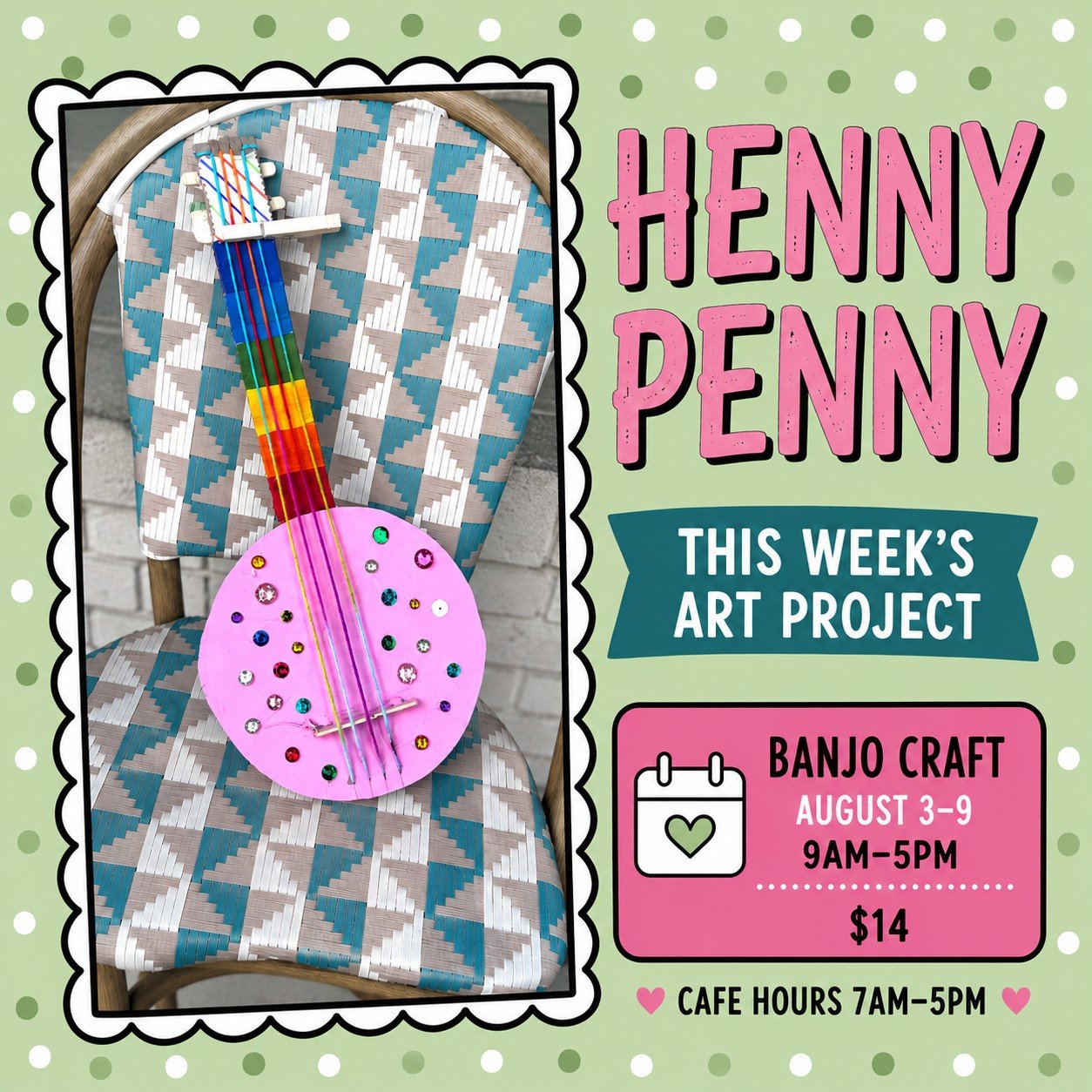 🪕🎨 Craft of the Week: Banjo Craft!

Pick up your creativity and make your very own banjo in our Art Space through August 9! Stop by any day from 9 AM to 5 PM to design and decorate your unique musical masterpiece.

No reservations needed, and all a
