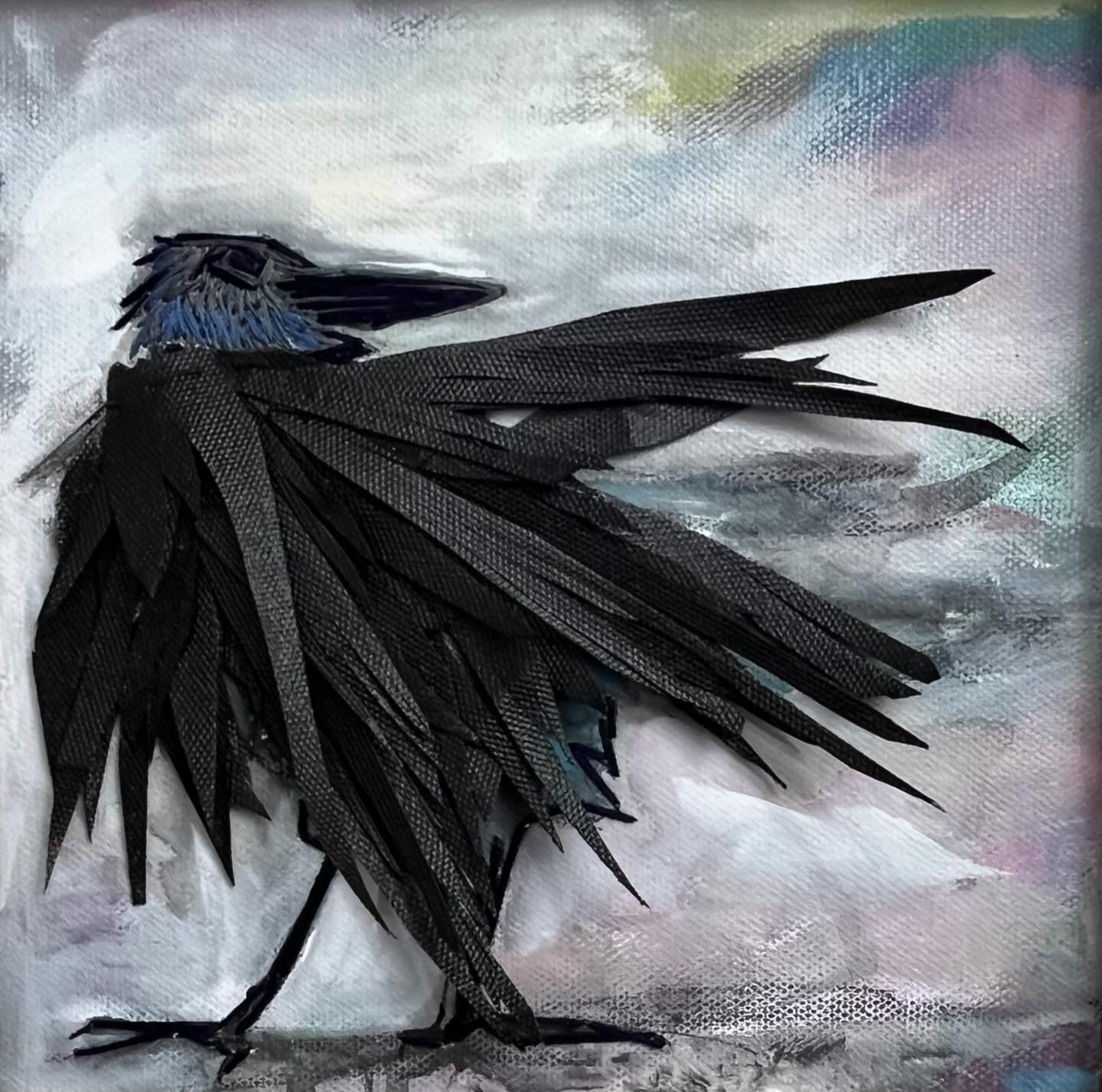 &ldquo;My crow&rdquo; 8x8 inch. Made out of sewn pieces of canvas and thread on canvas.  The black feathers are cut-out pieces of black painted canvas. Experimenting with different materials opens creative paths I would otherwise not pursue. This pie