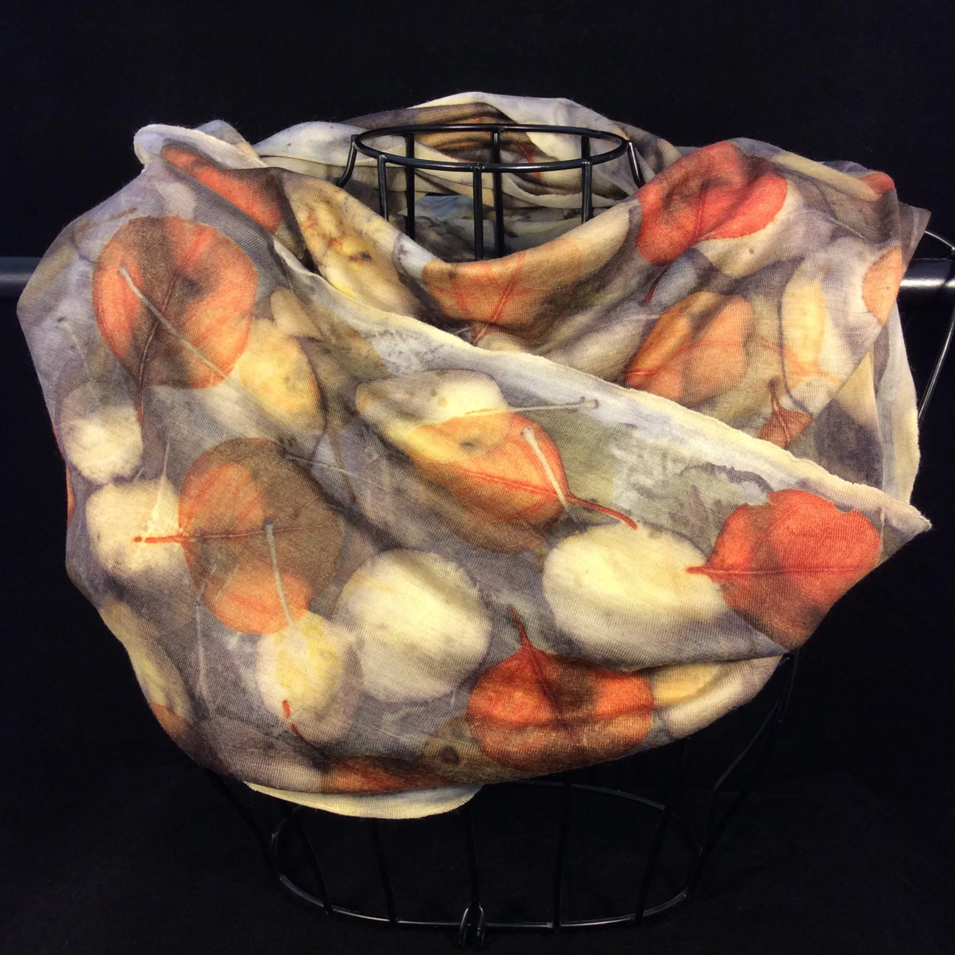90% Merino Wool/10% Silk Jersey Infinity Scarf. Dyed with Eucalyptus and Smokebush leaves.
