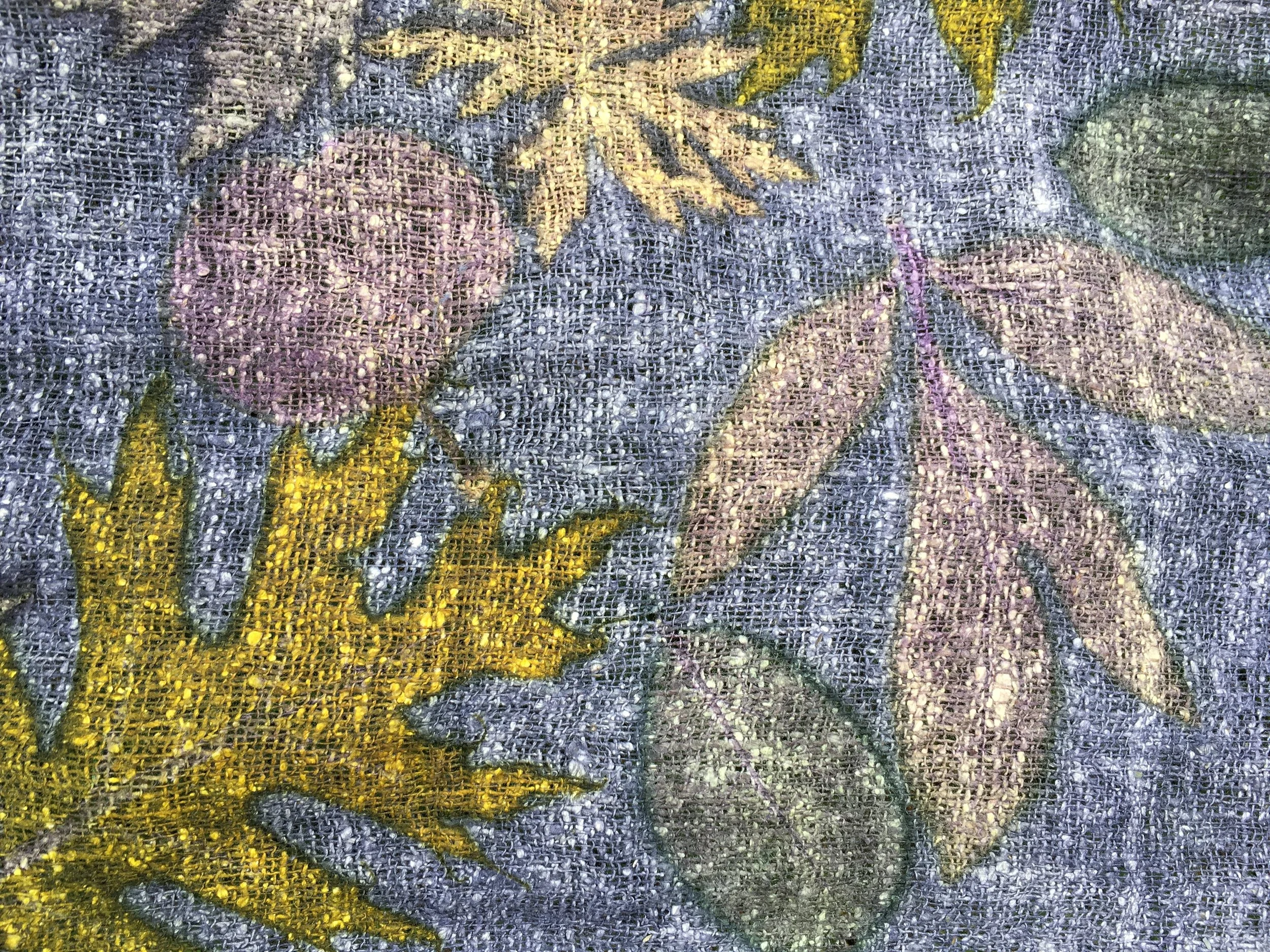 Detail of a raw silk woven table runner dyed with Logwood and printed with Oak, Peony, Geranium, Prunus and Eucalyptus leaves. 