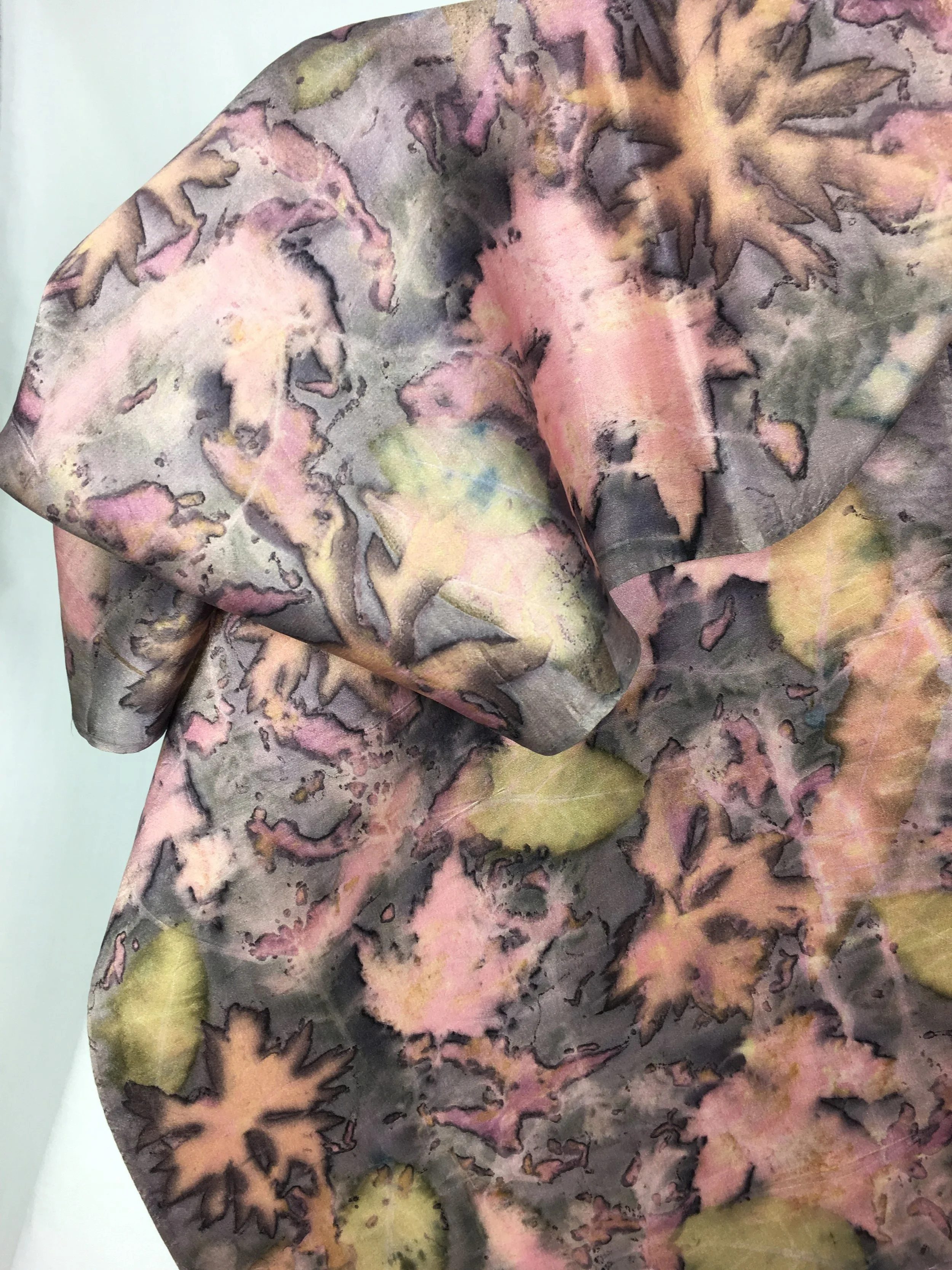  Silk satin scarf dyed with Lac and printed with Maple, Sandcherry, Cranesbill Geranium and Peony petals.&nbsp; 