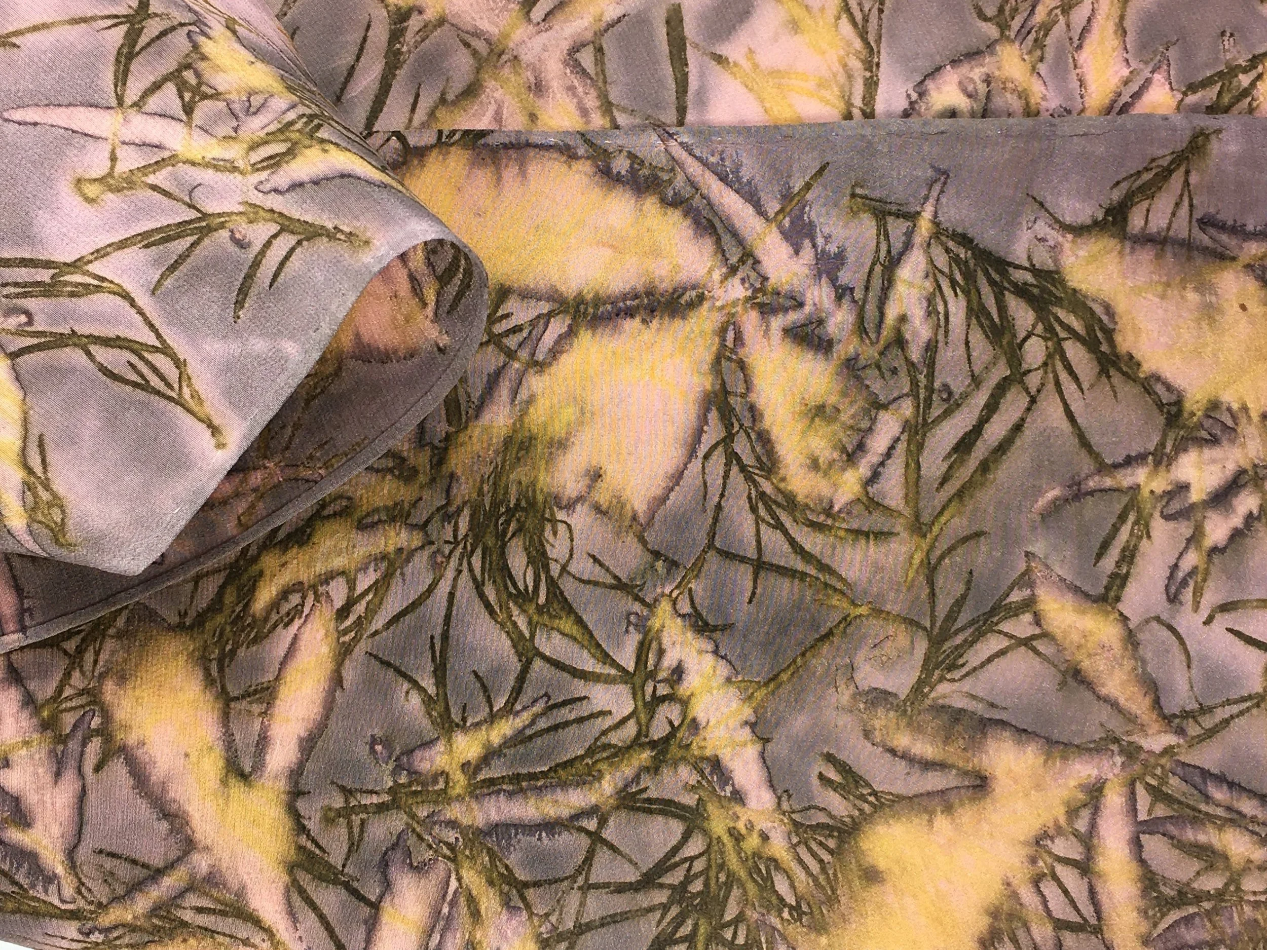  Detail of a silk scarf dyed with Quebracho and printed with Coreopsis and Peony leaves. &nbsp; 
