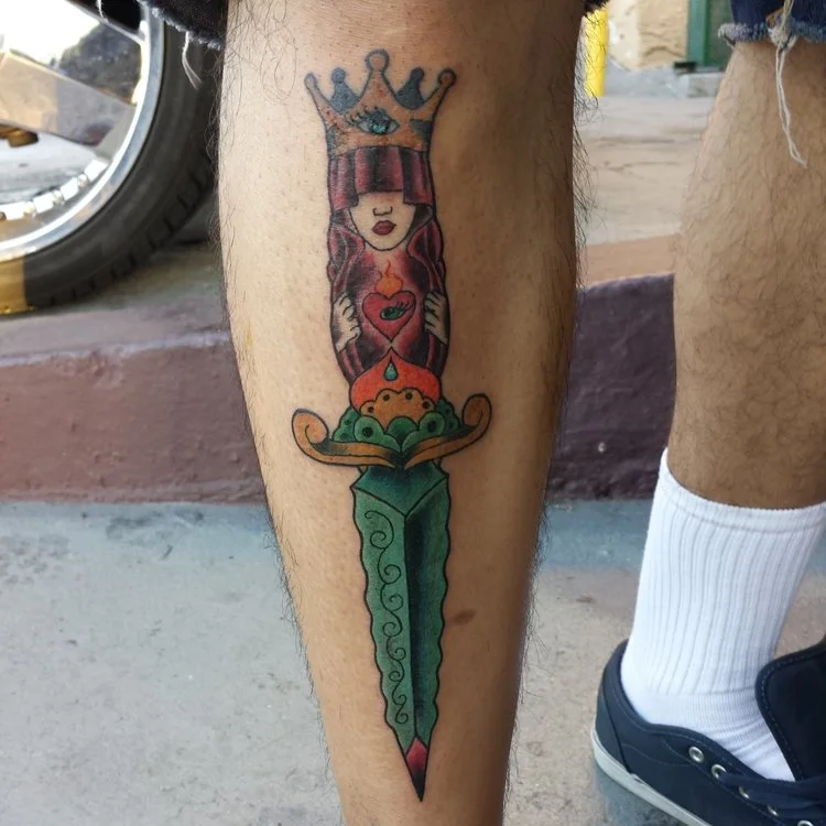 Queen Dagger on shin in color. Leg Sleeve tattoo.