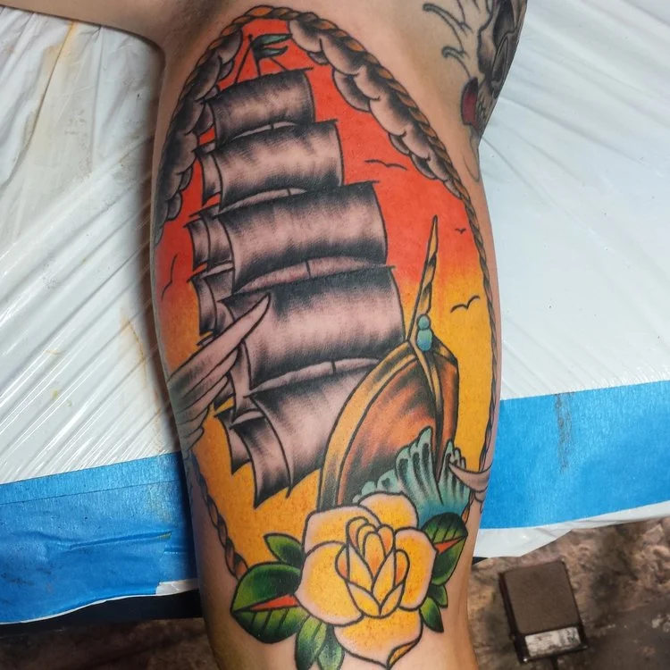 Clipper ship and rose, nautical naval themed half sleeve tattoo in progress. 