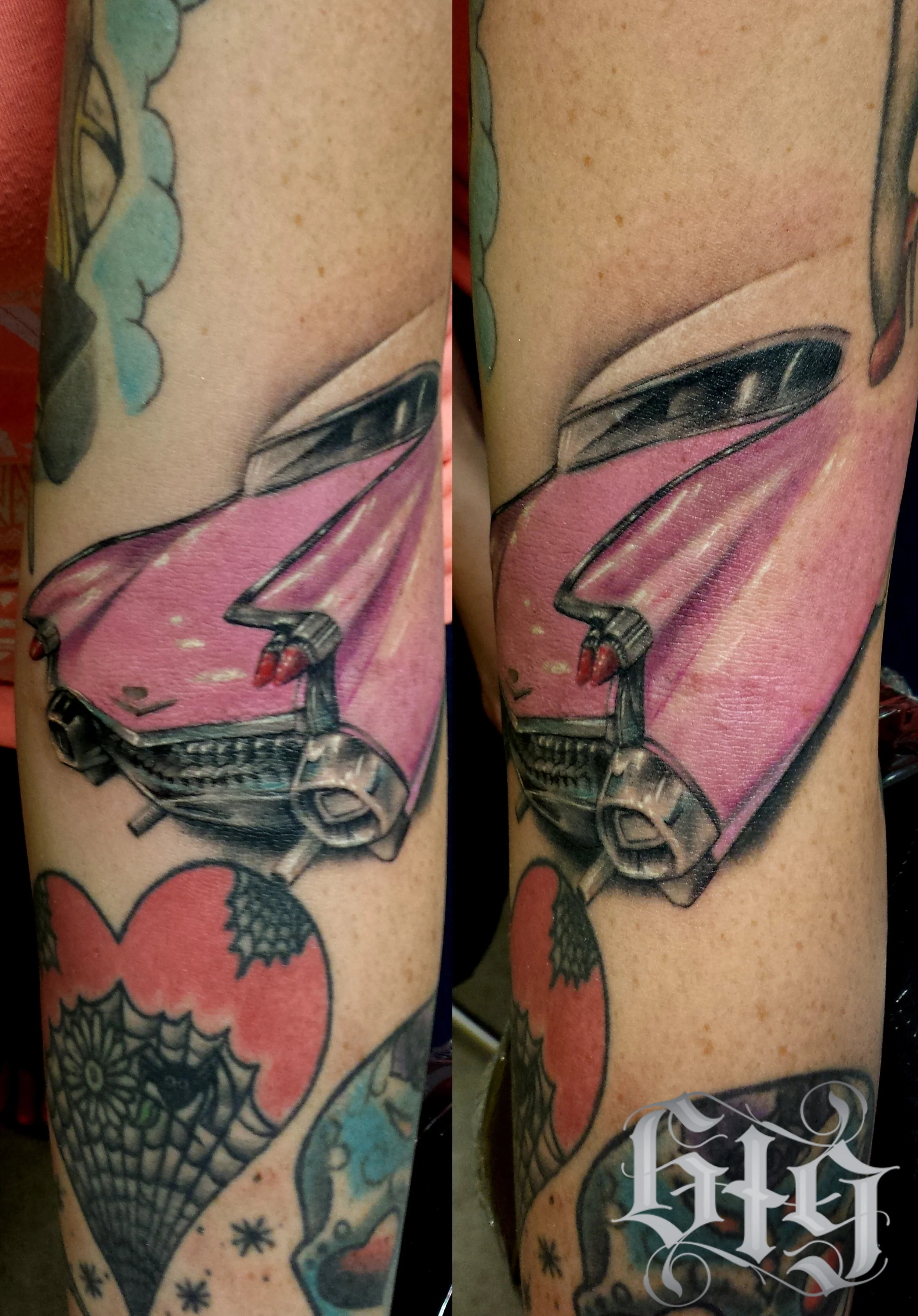  Realistic Pink Cadillac Color. Forearm Sleeve tattoo.