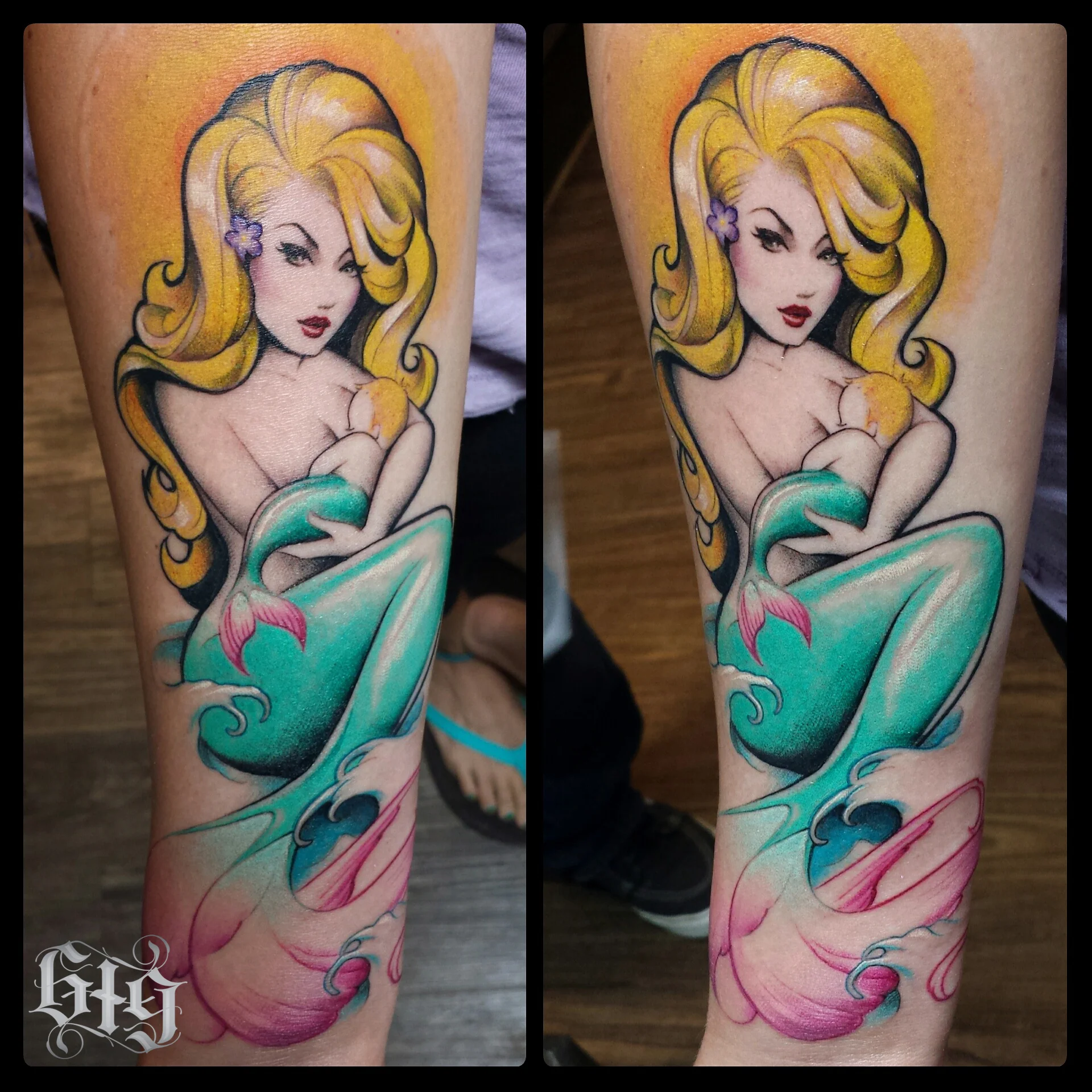 Mermaid Mother and Baby color. Half sleeve forearm tattoo. 