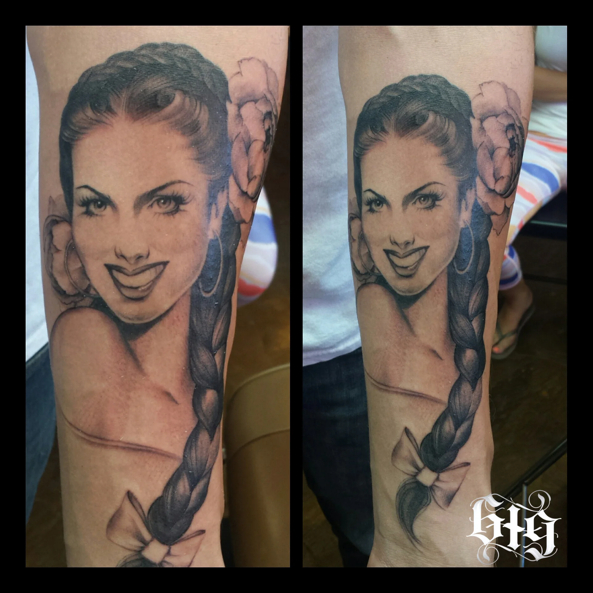 Portrait fine detail black and gray classical Mexican pinup. Half sleeve forearm tattoo. 