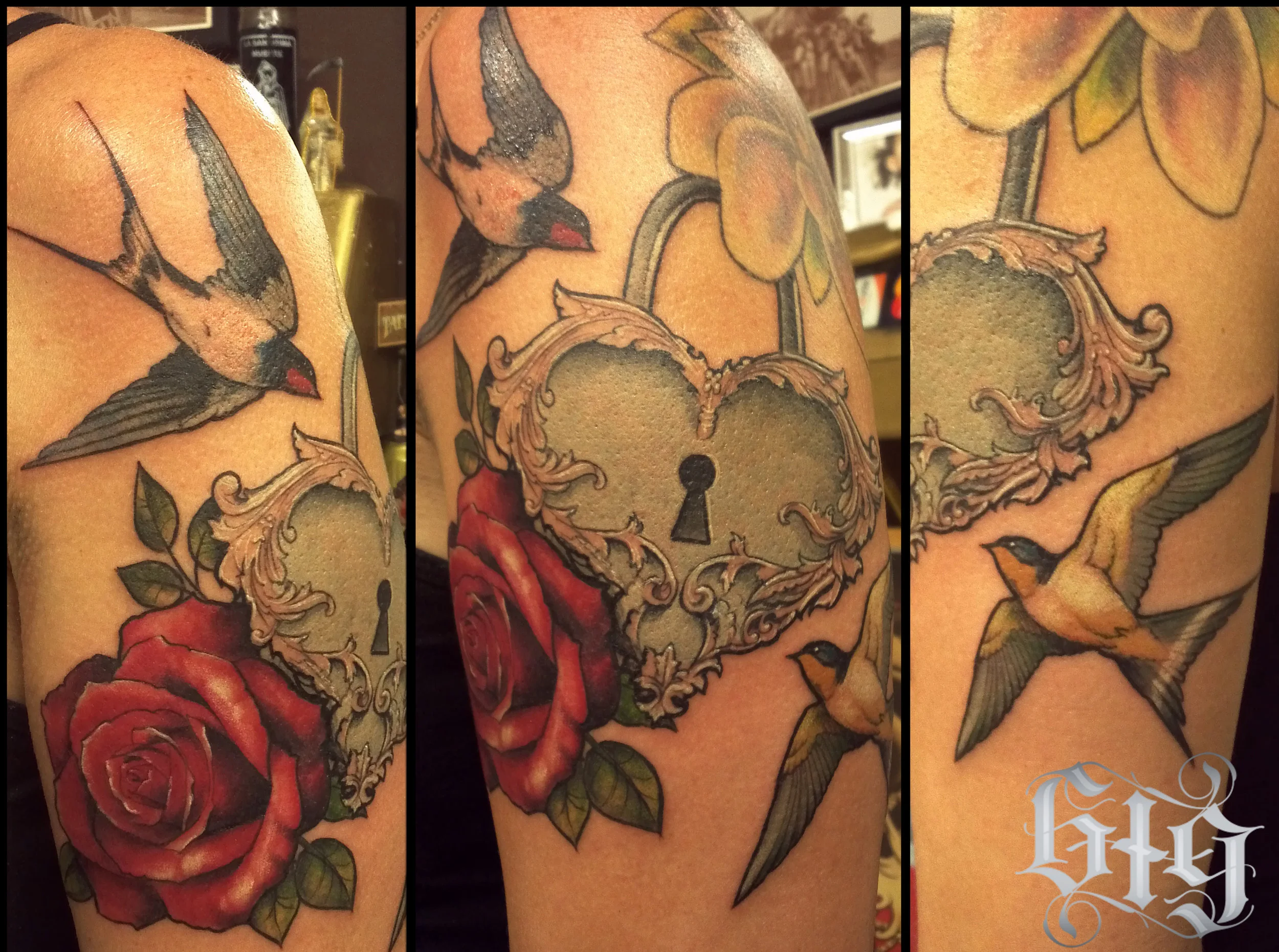 Heart Locket with rose and swallows in color. Upper arm half sleeve tattoo continuation.