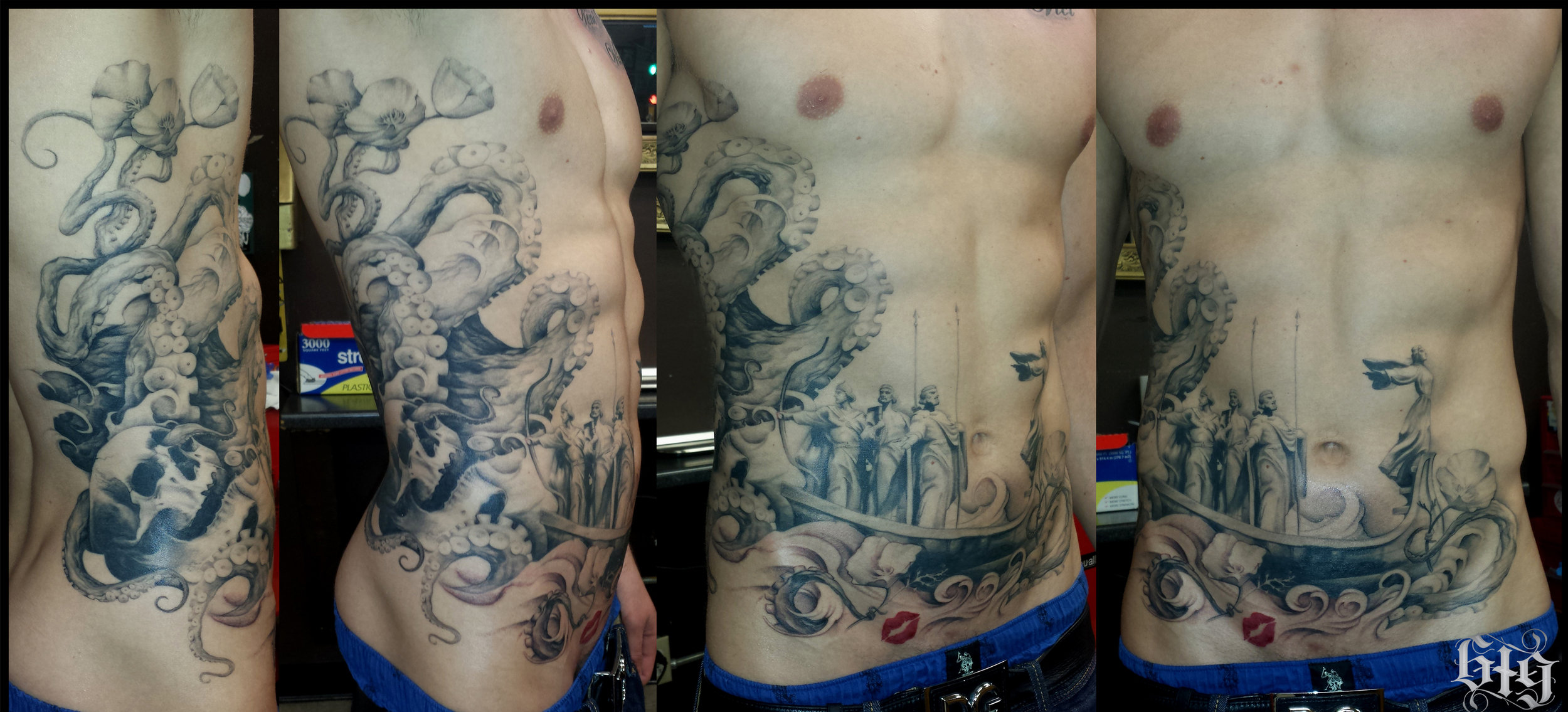 Rib and Torso tattoo based off of Founders of Kieve Statue with a skull and California Poppy. Black and Gray.