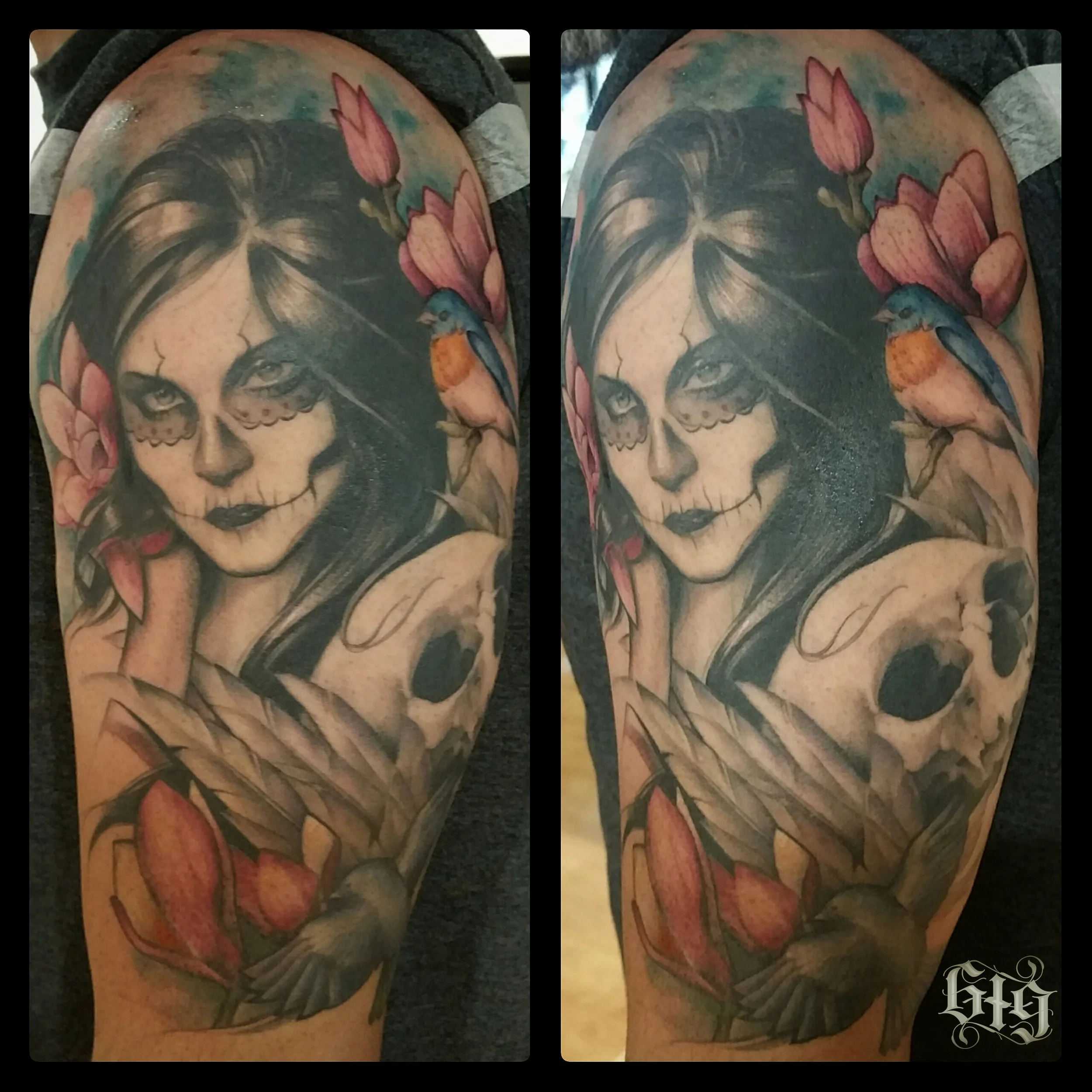Day of the Dead Sugar Skull Pinup with red breasted blue birds, feathers and skull. Half sleeve tattoo full black and gray with color. 