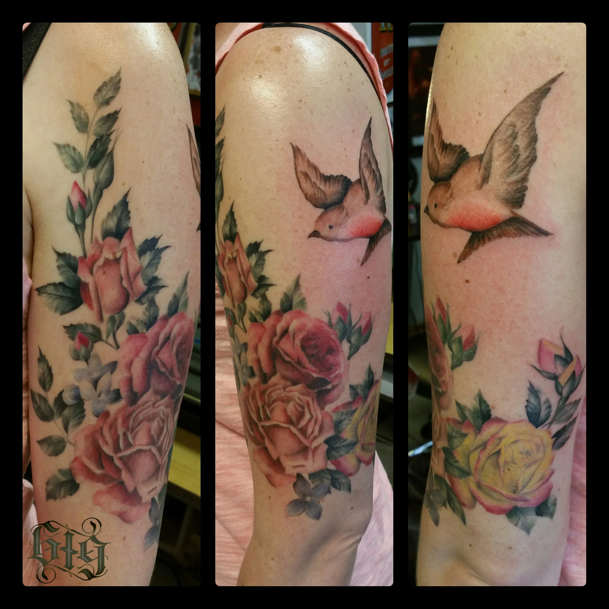 Victorian Roses with a flying robin in full color. Half Sleeve upper arm tattoo.