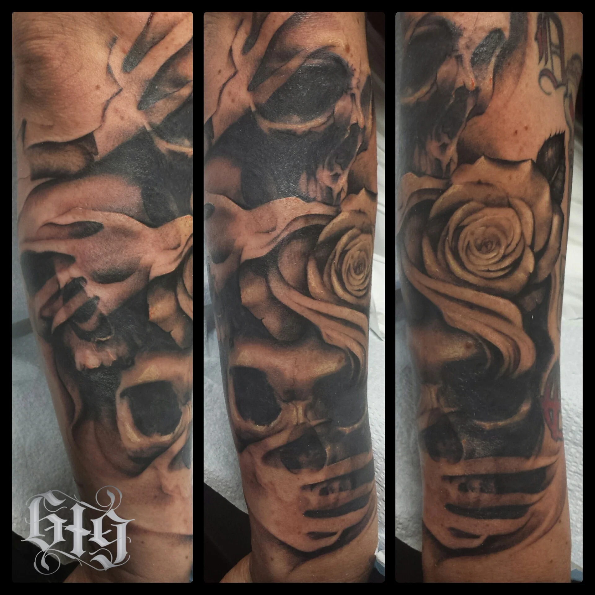 Realistic Skulls 'hear no evil, see no evil, speak no evil' with roses, black and gray fine details. Half arm sleeve tattoo