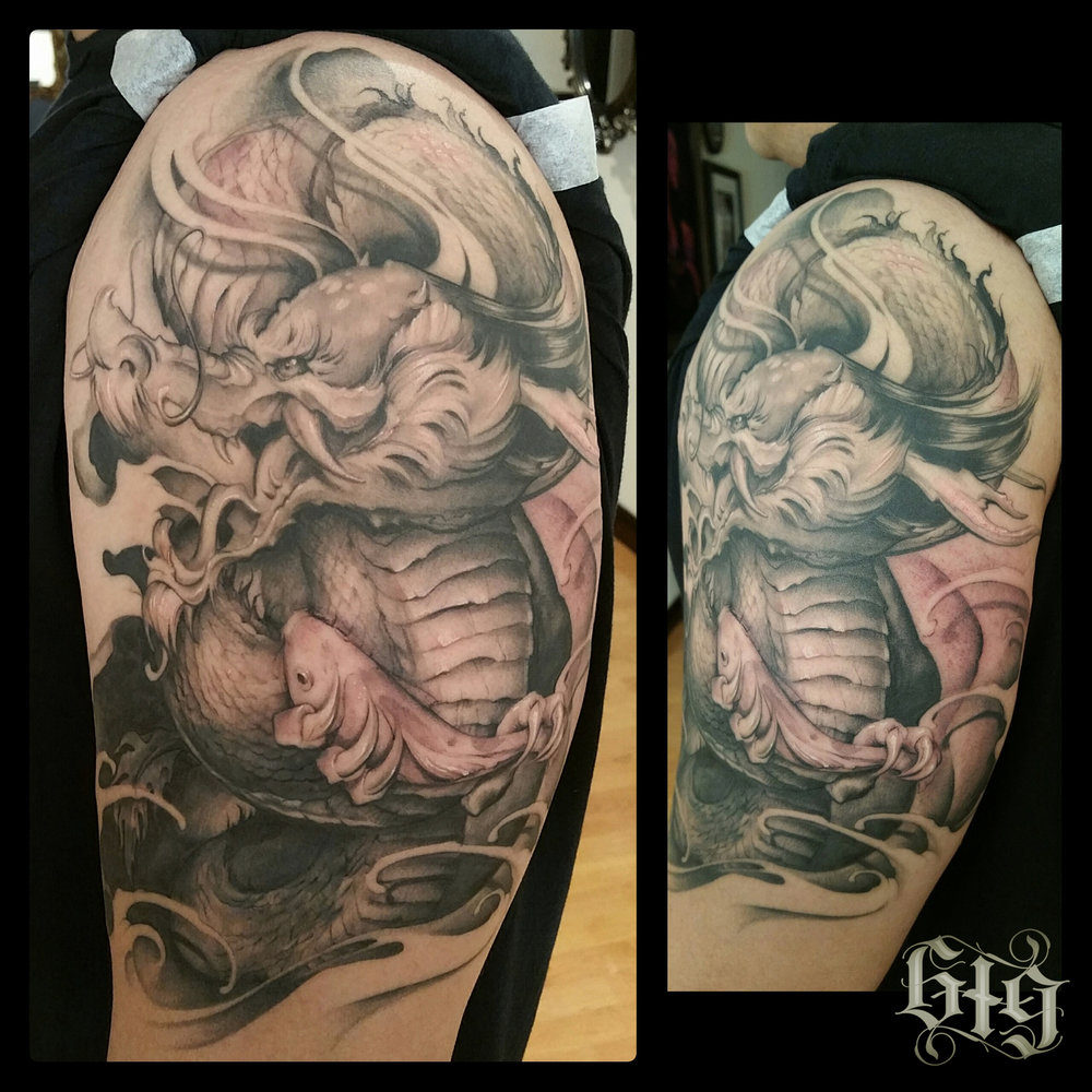 Genghis Realistic Dragon Shoulder tattoo Half Sleeve — GOLD STRIPE TATTOO