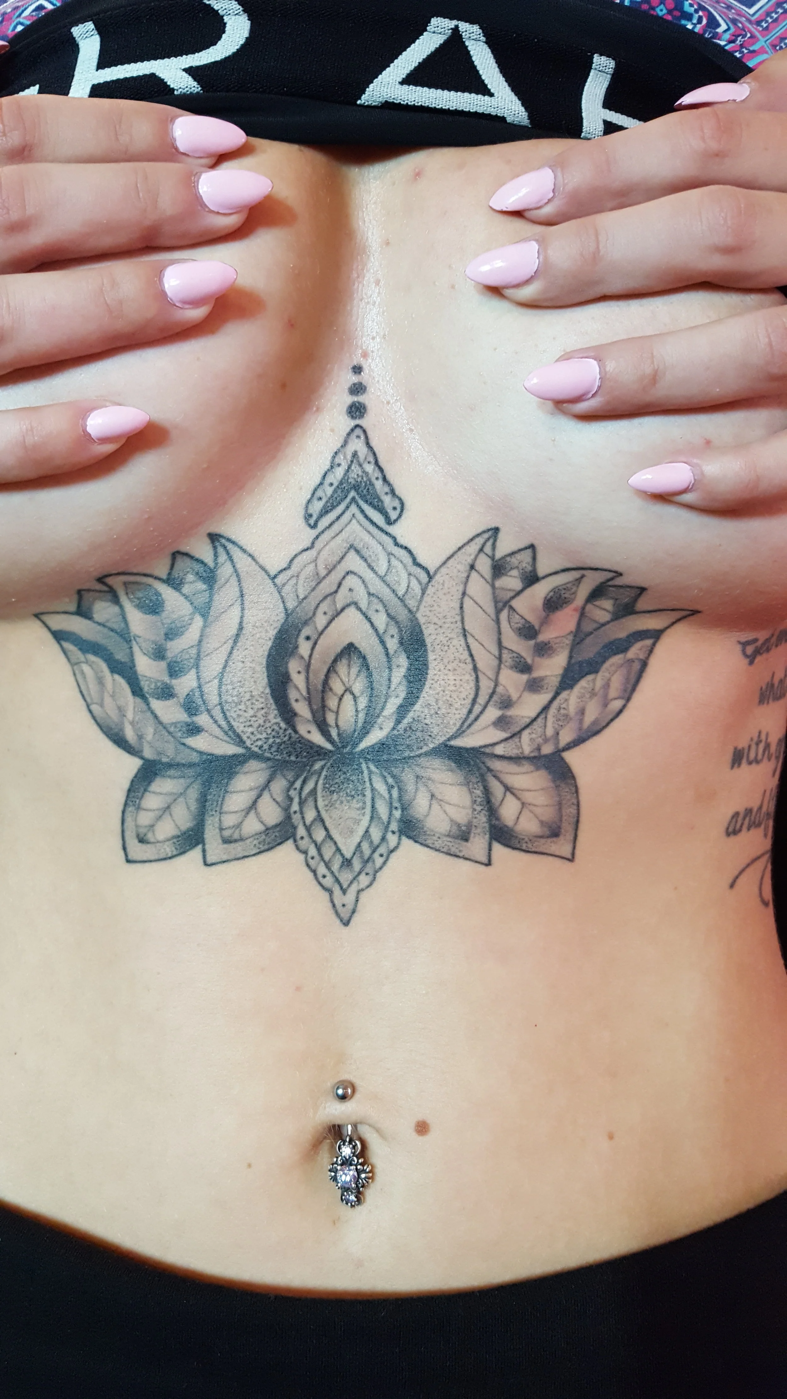 Lotus mandala black and gray stippling. Under boob fine detail Tattoo. 