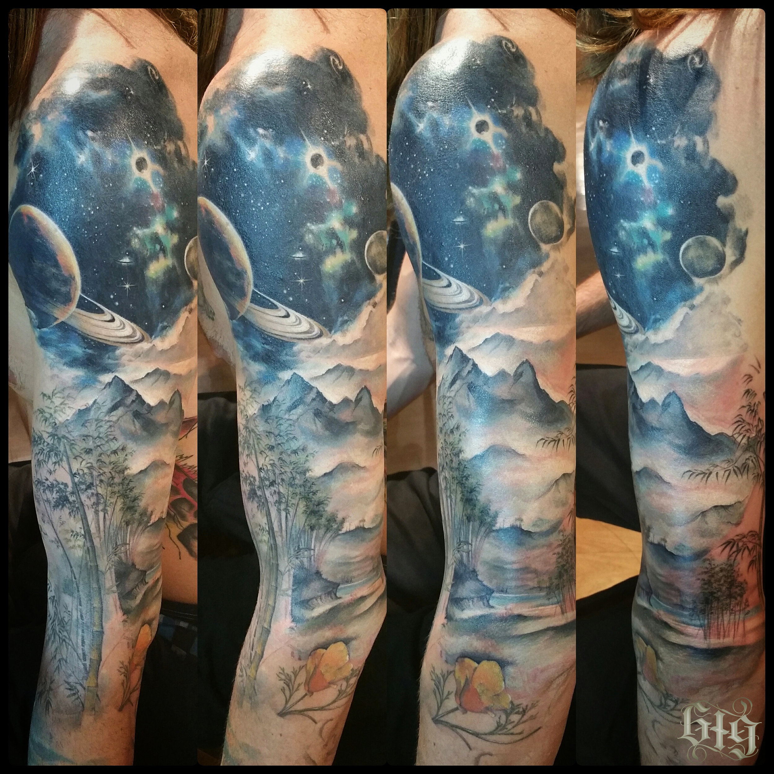 Amazing artist Jesse Rix @jesse_rix awesome galaxy dimensional scene  geometric arm tattoo! #jesserix #jesse #colorre… | Galaxy tattoo, Space  tattoo, Hexagon tattoo