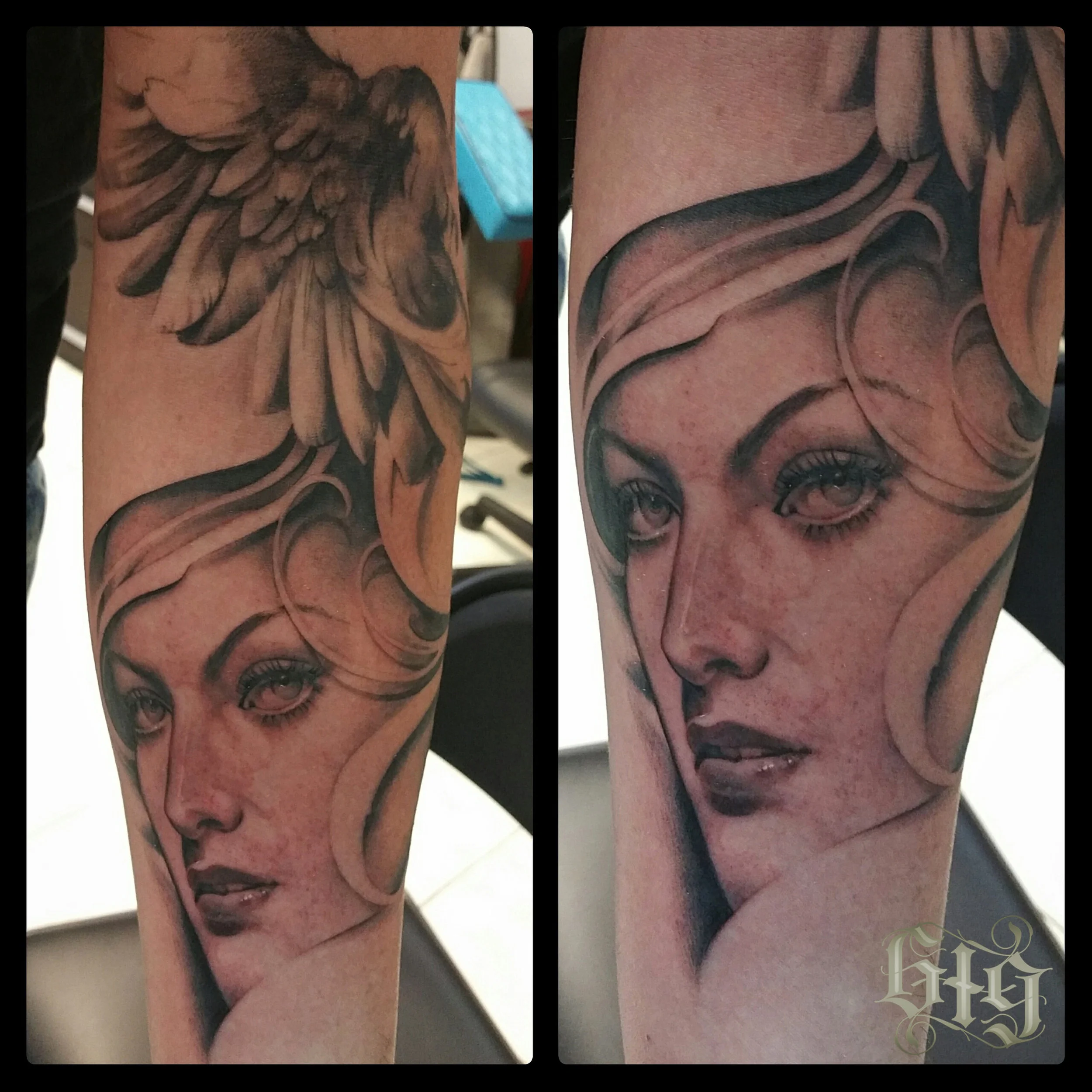 Female Portrait black and gray fine detail. Forearm half sleeve tattoo