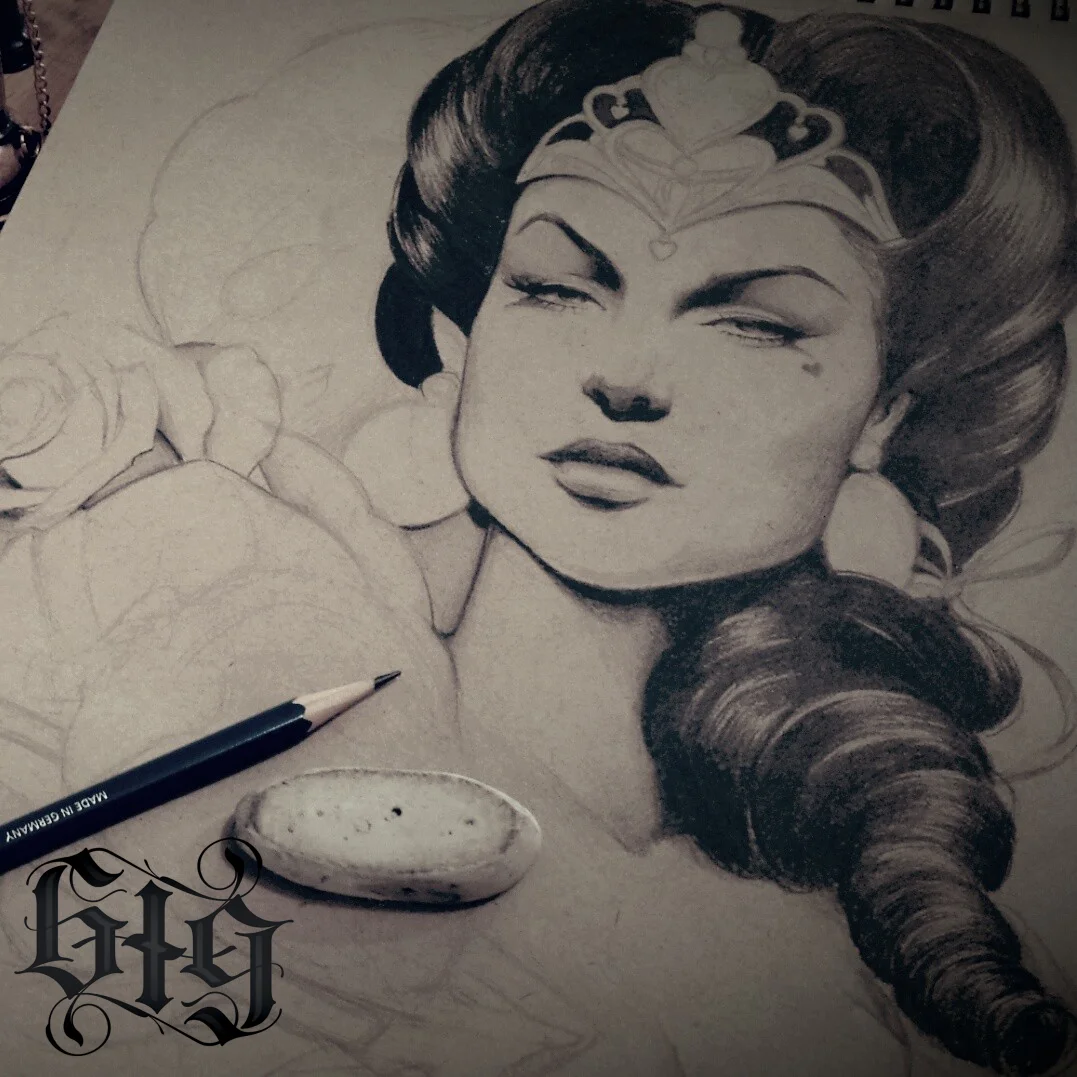 Queen of hearts. Fine detail pencil original work or art. 