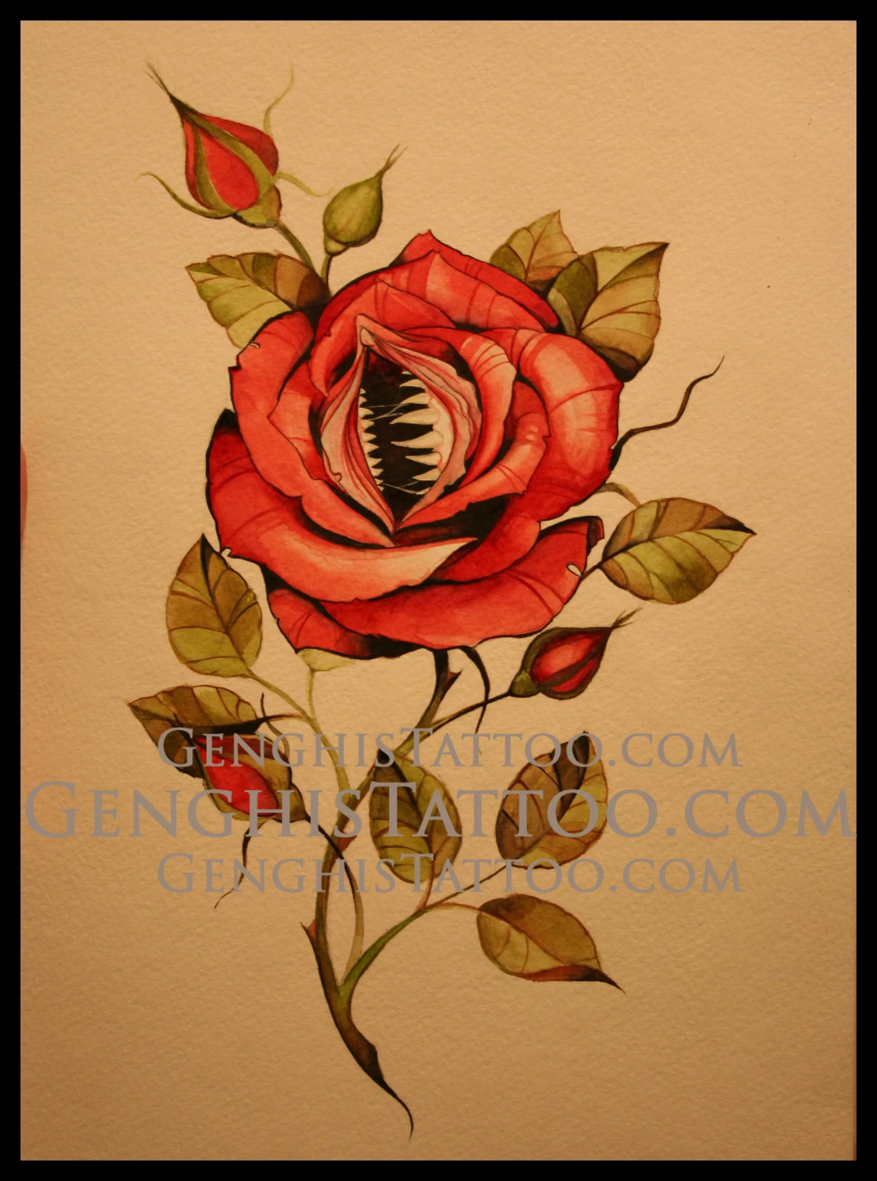 Vagina Rose with teeth. Fine detail watercolor original artwork. 