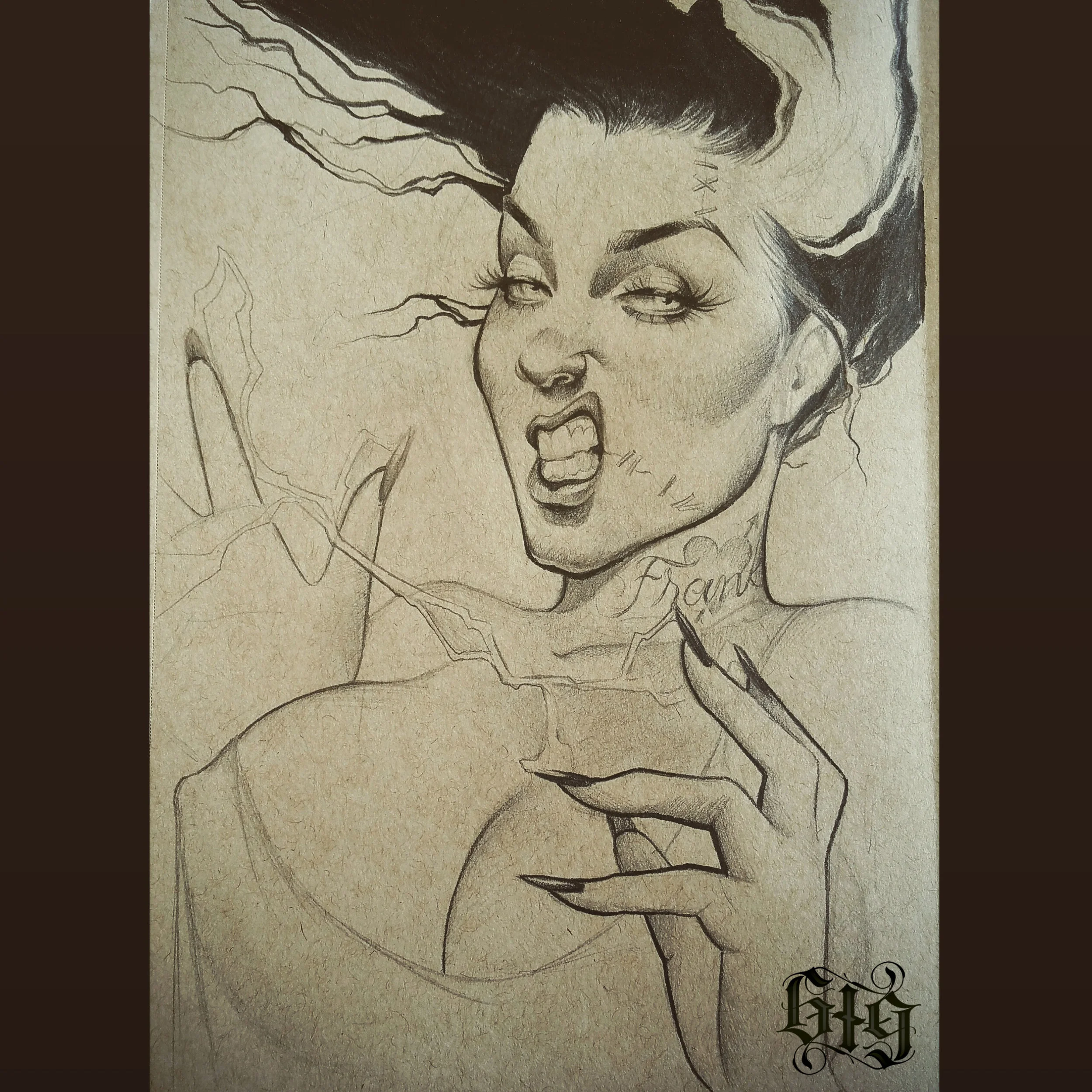 Bride of Frankenstein in fine detail pencil. Original Artwork