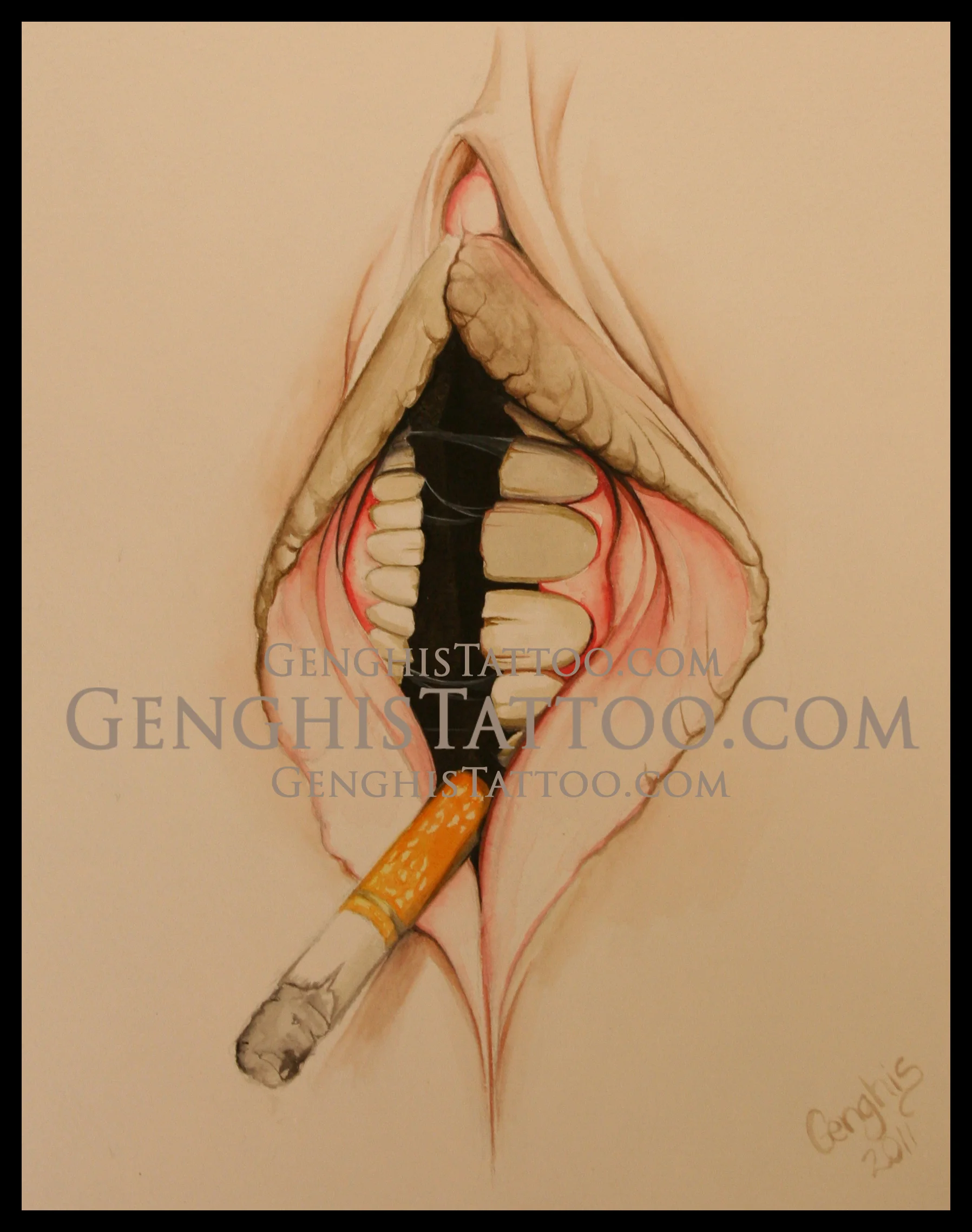 Jon's Vagina with teeth and smoking a cigarette. Original Artwork fine detail watercolor.