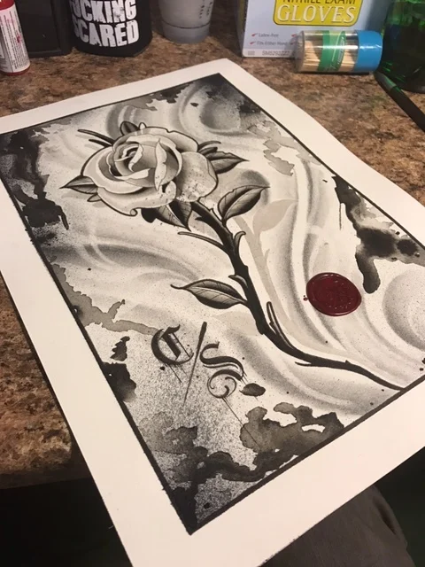 Original artowrk Black and white rose on paper with wax seal 