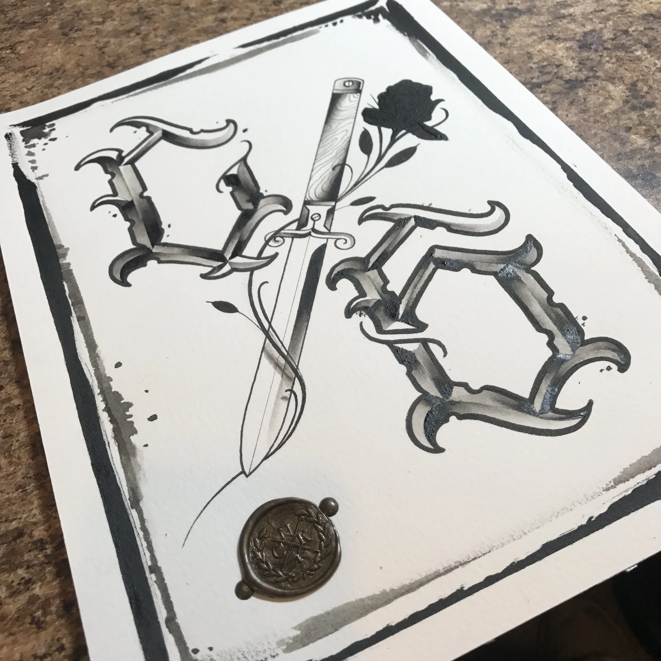 Original ink on paper artwork. OG lettering with knife and black rose. Wax Sealed signed