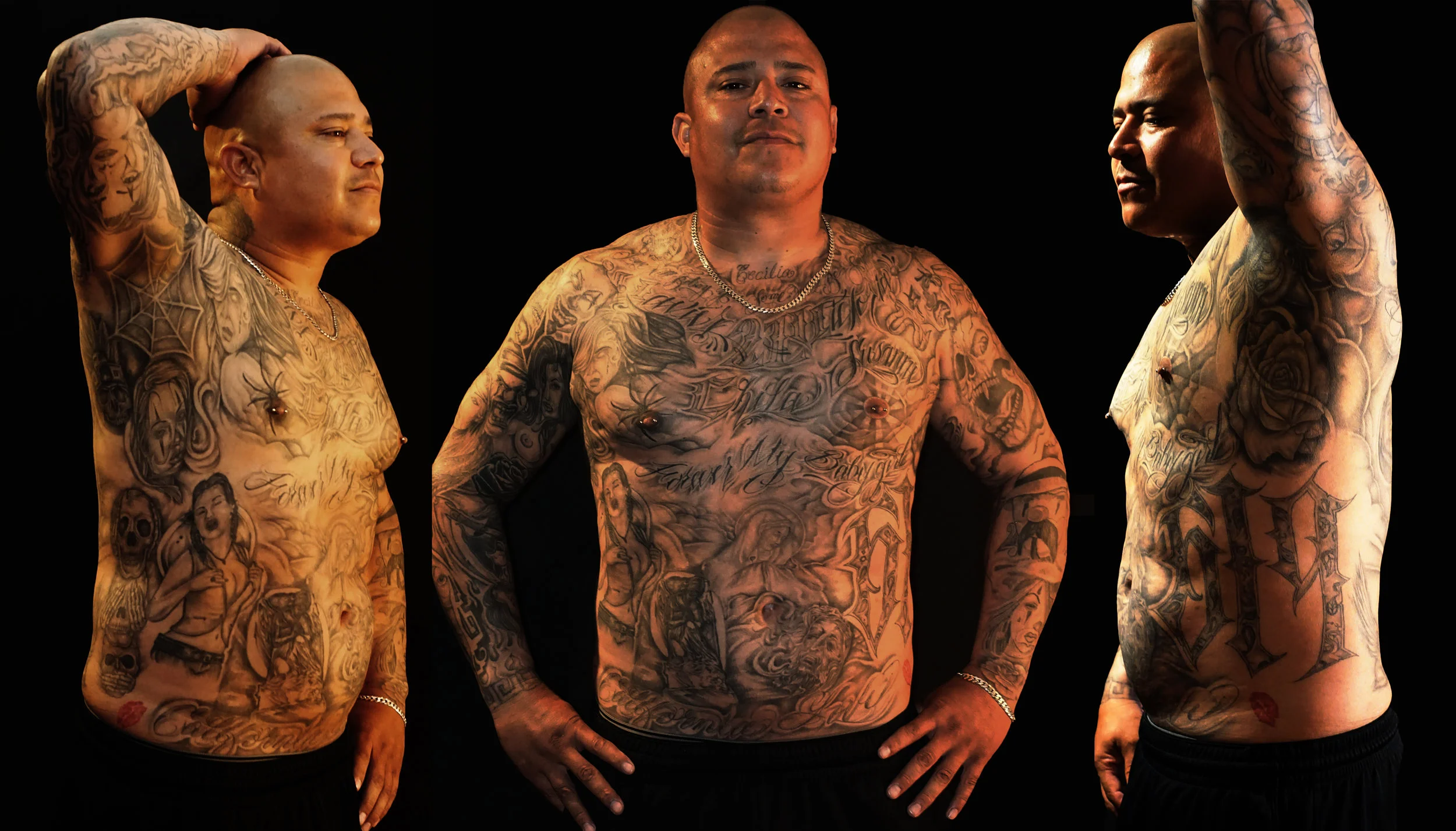 Full torso tattoo black and gray. Lettering, portrait, roses, skulls, spiderweb, spiders, 619. 