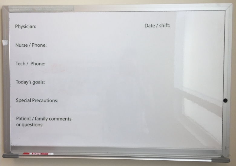 Typical whiteboard in an intensive care unit room