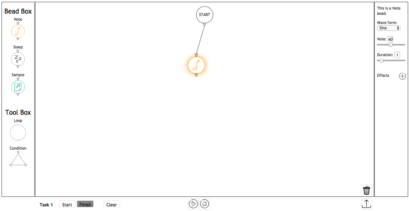 Screenshot of the web browser interface for coding in AudioBeads. The program here plays a single note for 1 second, at pitch 60.