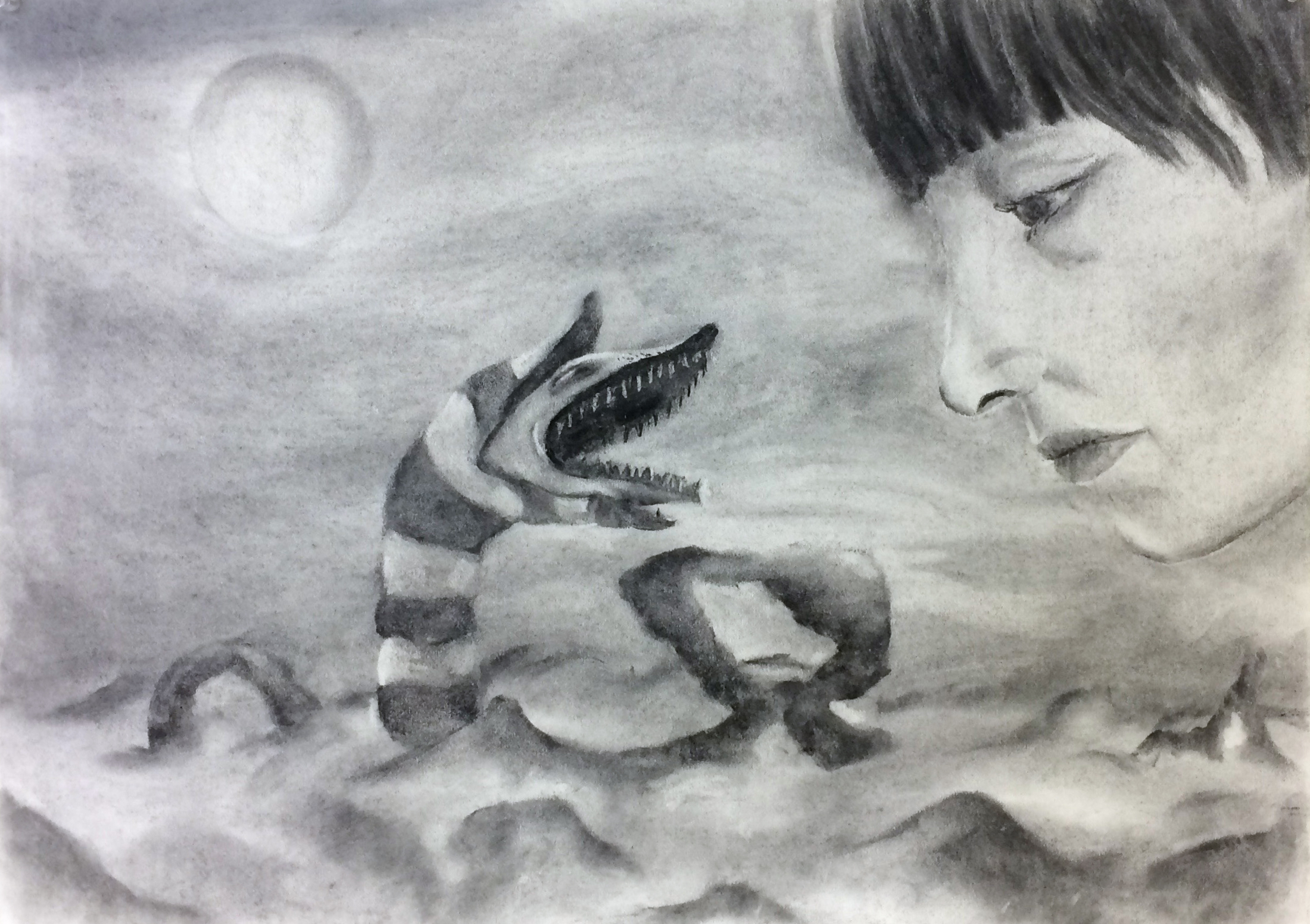 Drawing I , Autumn 2016 Final Project (create a self-portrait in the atmospheric space of your favorite novel, movie, or song), charcoal on paper, 18" x 24"
