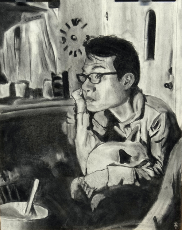 Drawing I , Spring 2015 Final Project (create a self-portrait in the atmospheric space of your favorite novel, movie, or song), charcoal on paper, 24" x 18"