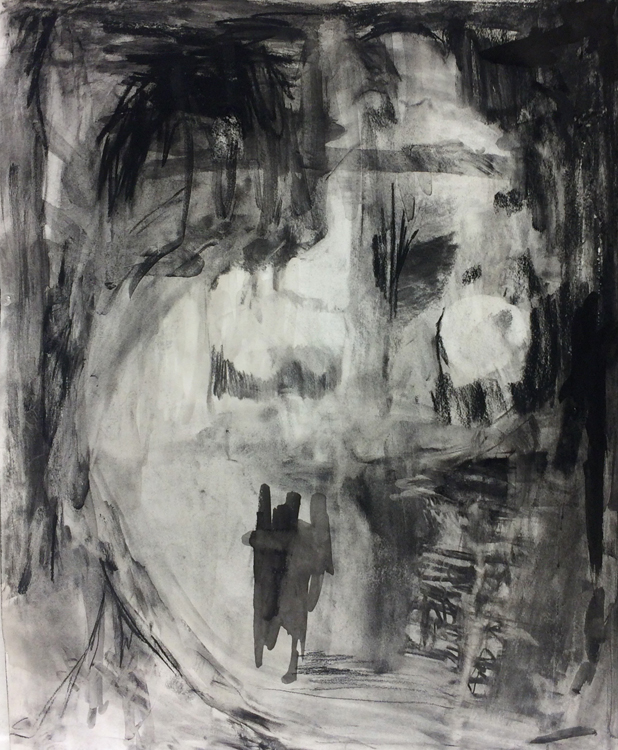 Drawing I , Autumn 2015, lyrical abstraction, charcoal and ink on paper, 18" x 24"
