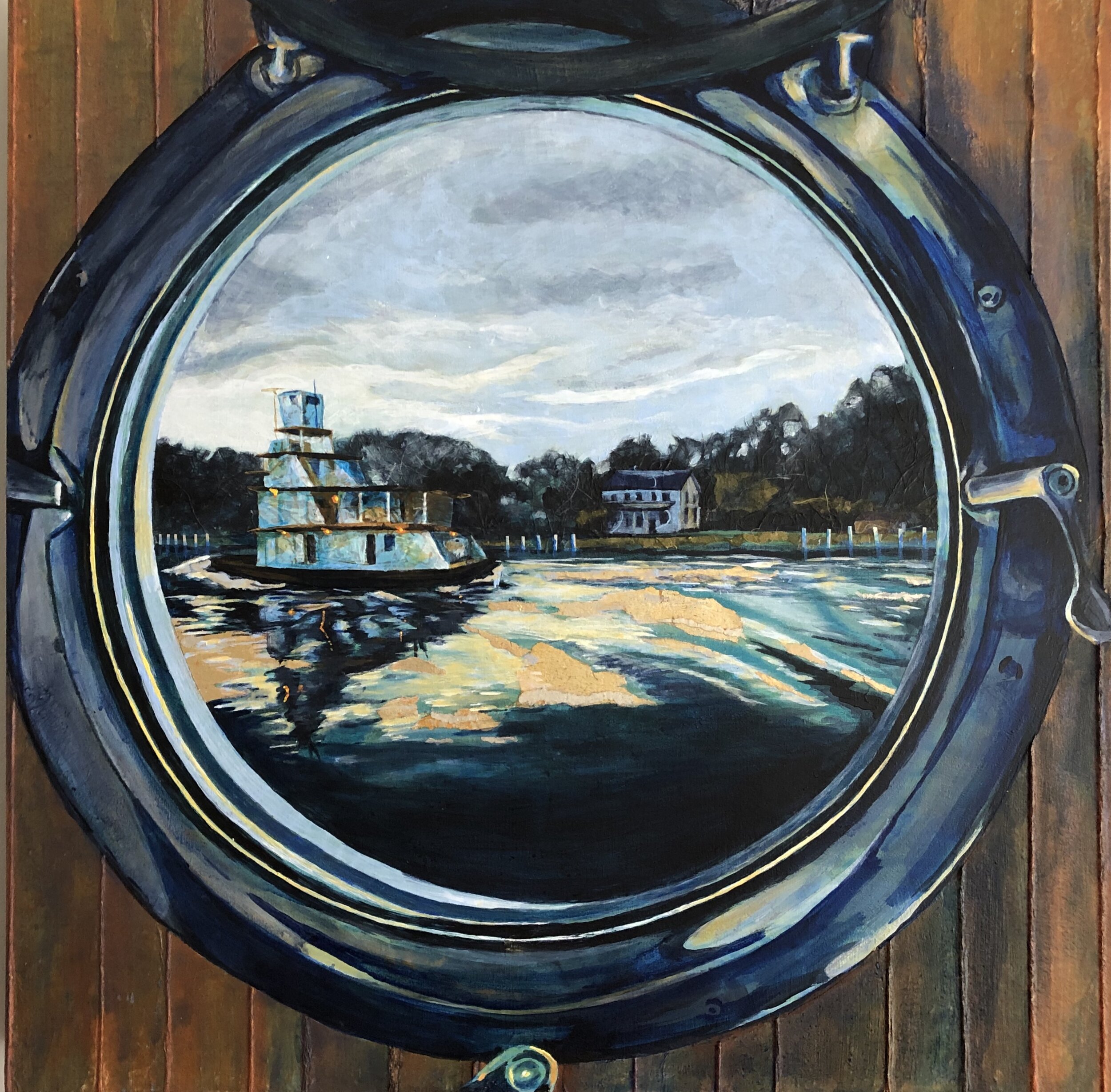 Porthole View: Tugboat at Twilight