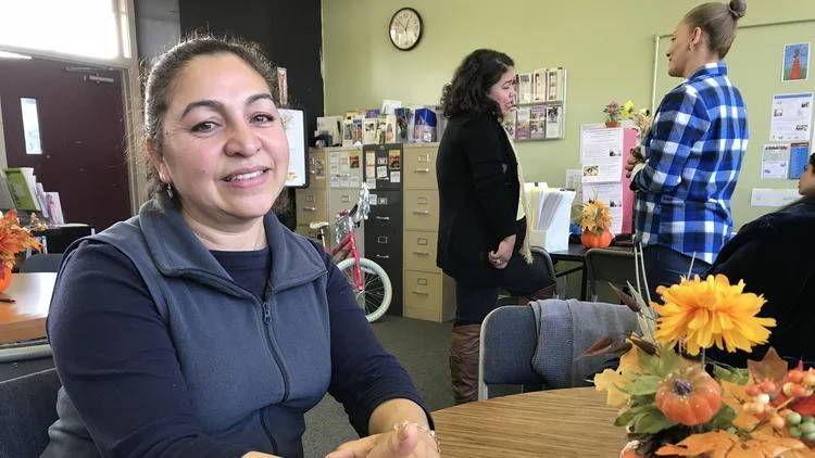 Beatriz Calderon, whose husband's reduced paycheck put the family on the financial edge, is shown at On the Move, a community resource organization that helps low-income, mostly immigrant families in need. (Robin Abcarian / Los Angeles Times)