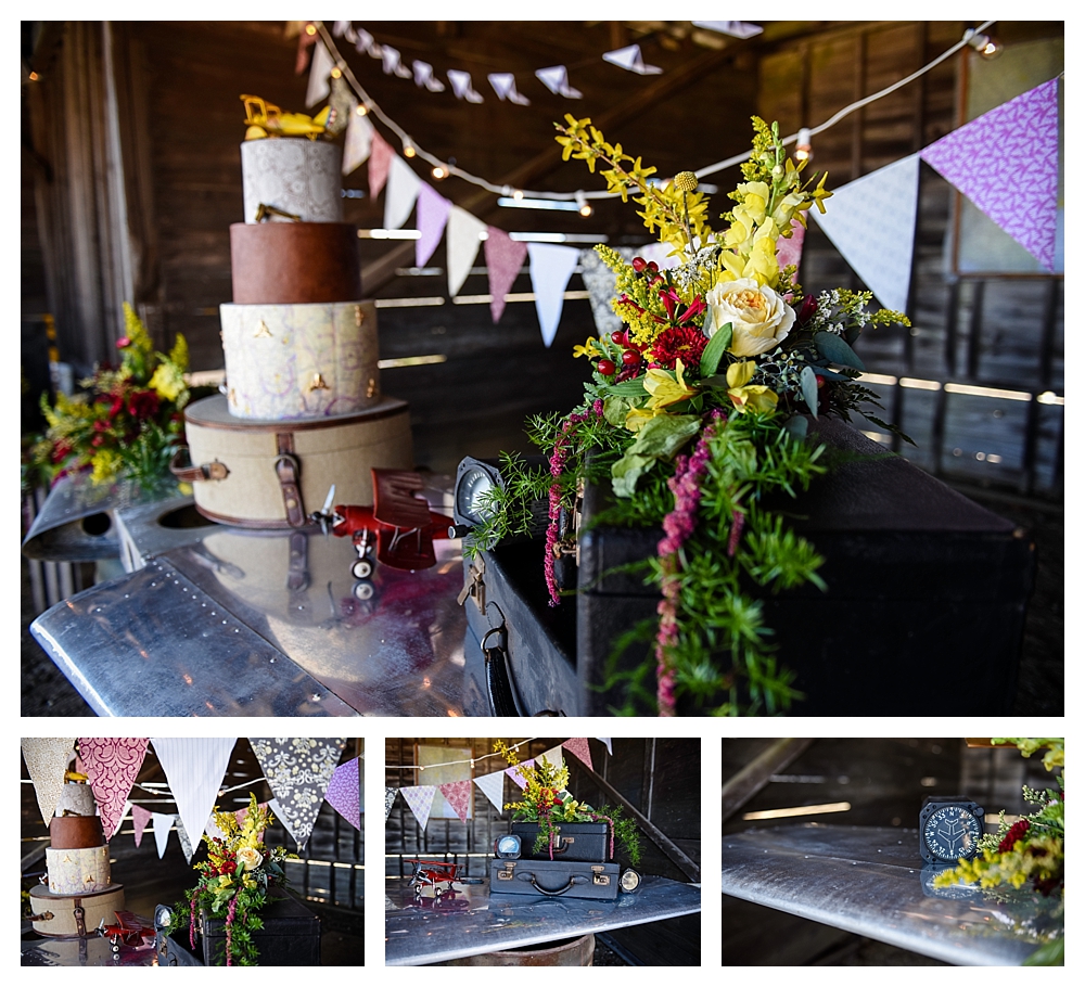Amelia Earhart Vintage Hangar Wedding Cake bar and Florals.jpg