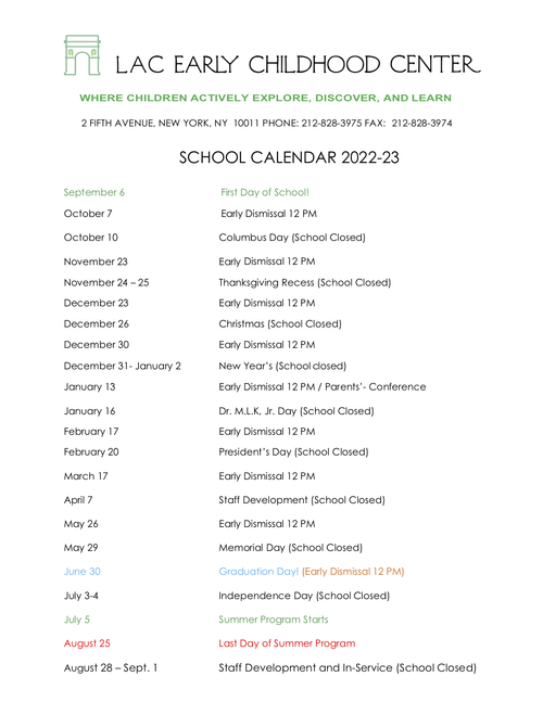 Calendar — LAC Early Childhood Center