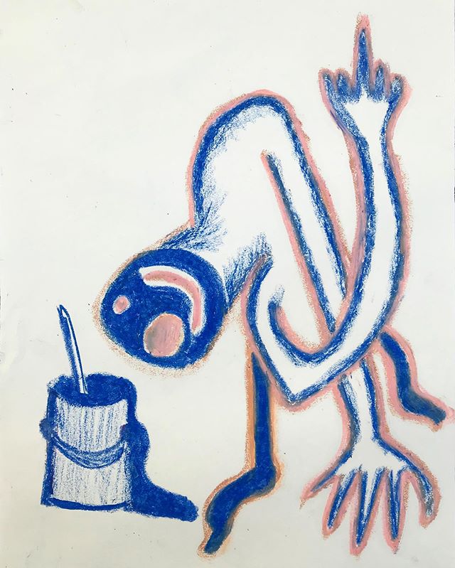 Figure with paint bucket, oilpastels on paper, 2019