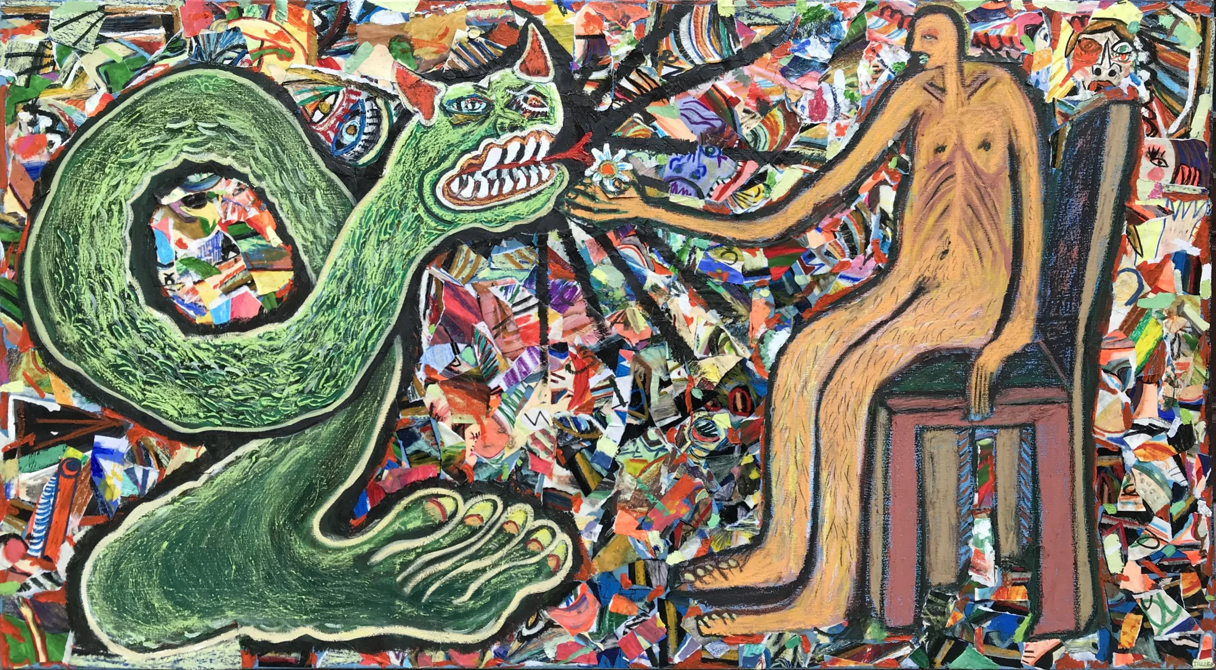 The Offering, acrylics, collage, oil pastels on canvas, 136 x 165 cm 2021