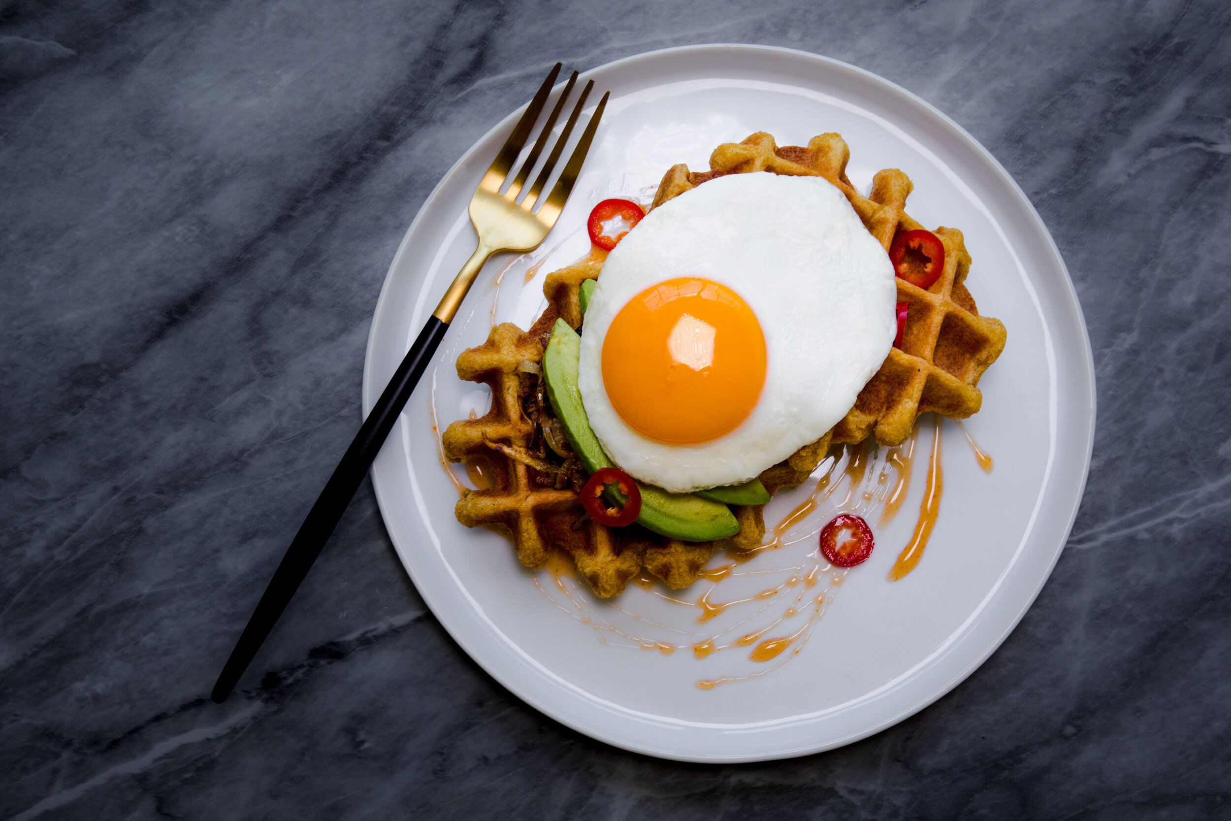 Savory Butternut Waffles with Egg and Hot Honey