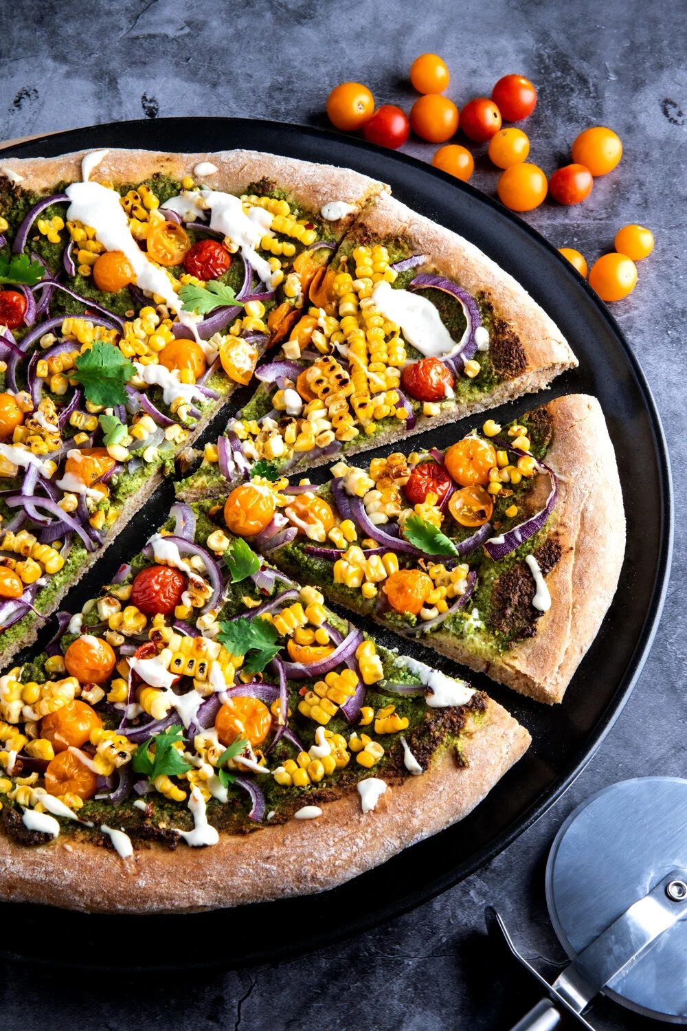 Grilled Corn + Veggie Pizza with Cilantro-Serrano Pesto {Vegan}