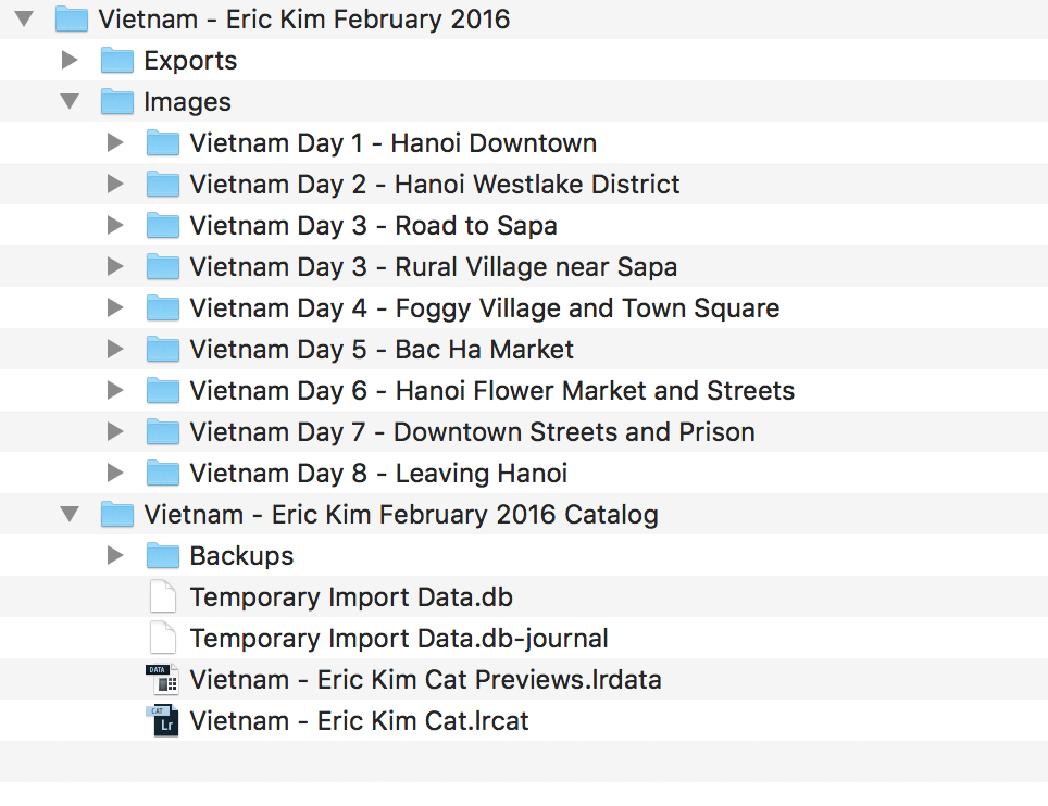 After a week of shooting, this is what my Vietnam - Eric Kim February 2016 folder looked like. As you can see the "Images" folder has sub folders for each day. Day 3 has two folders because we went out and shot in the morning, then i imported my photos. We then decided to go out again and shoot after dinner. 