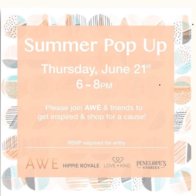 Stop in and shop our Summer collection on June 21 as we partner with @awe_nyc (Awesome Women Entrepreneurs) and our friends at @penelopes_stories and @hippieroyale. Purchases will contribute to various causes. 
Please RSVP in link. 
#loveandkind #wom